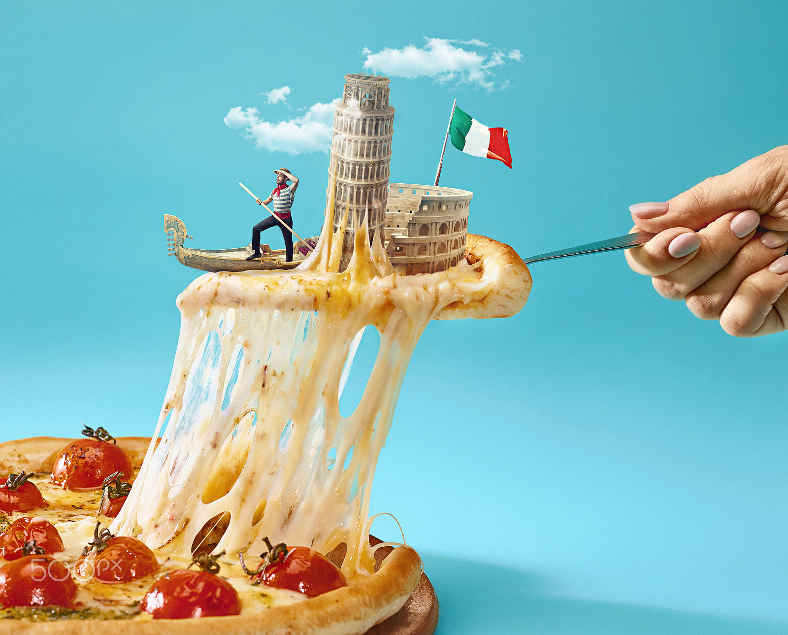 Phase One IQ160 sample photo. The collage about italy with female hand, gondolier, pizza and and major sights photography