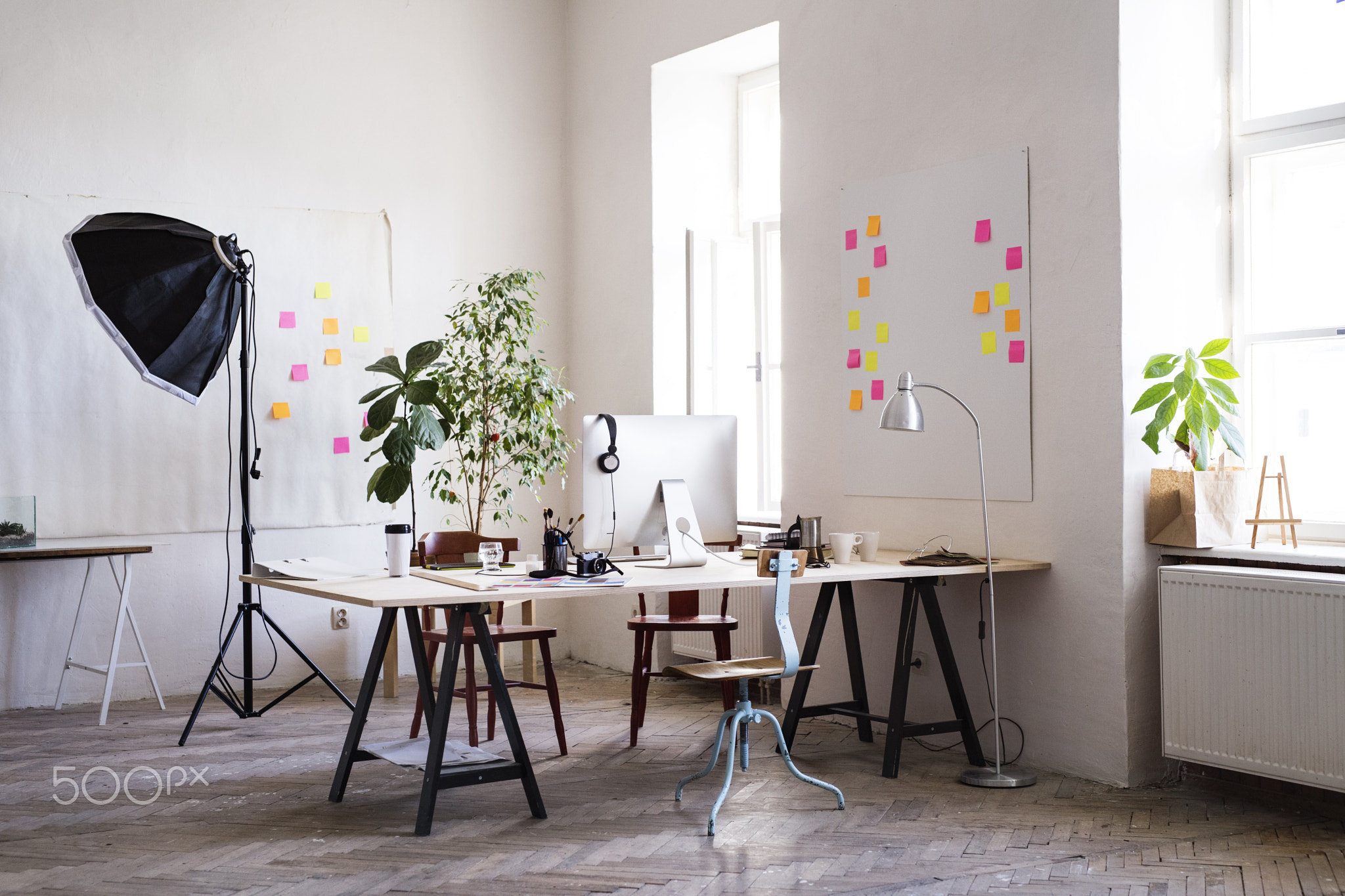 The interior of an empty modern office or a studio.