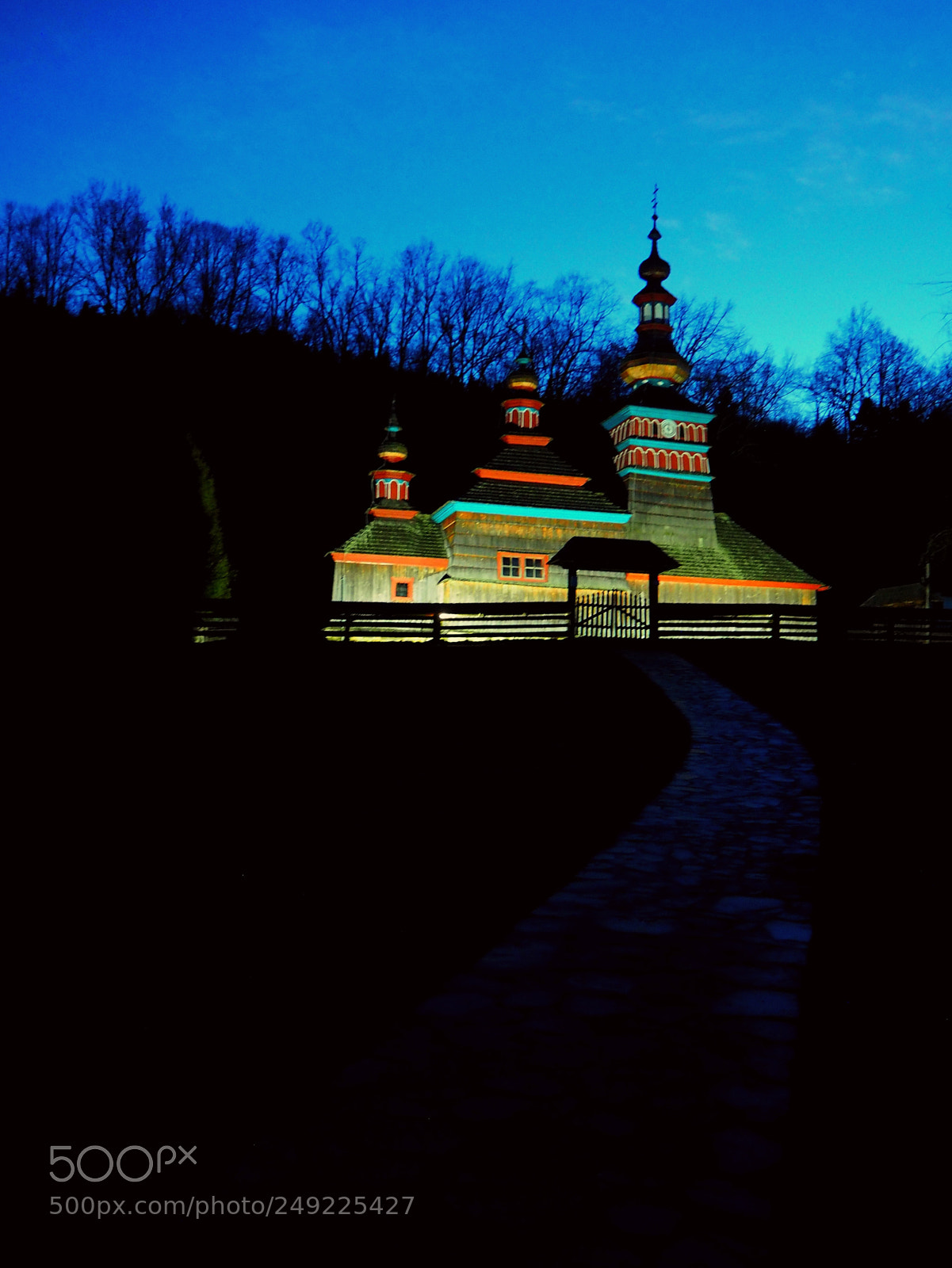 Olympus OM-D E-M10 sample photo. Wooden church at night photography