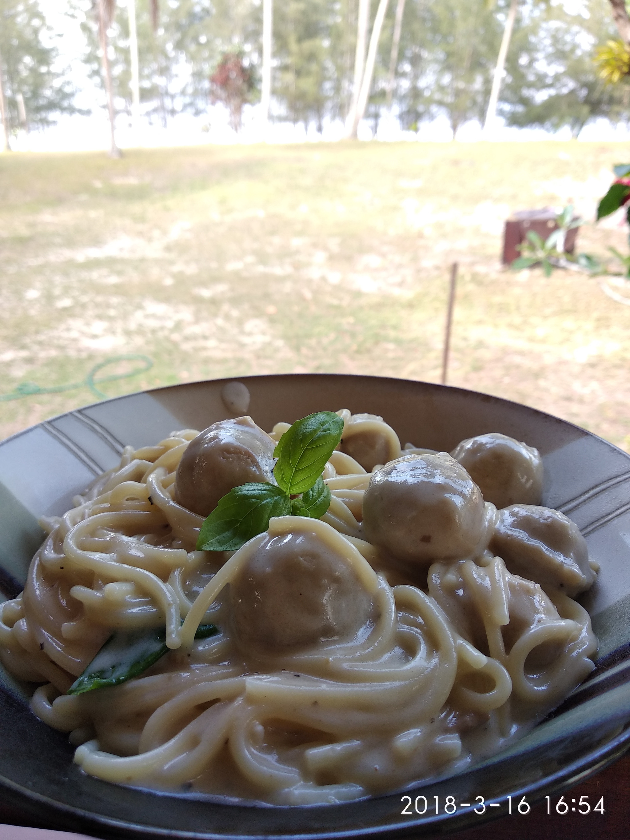 Xiaomi Redmi 5 Plus sample photo. Spaghetti carbonara with mushrooms & meatballs photography