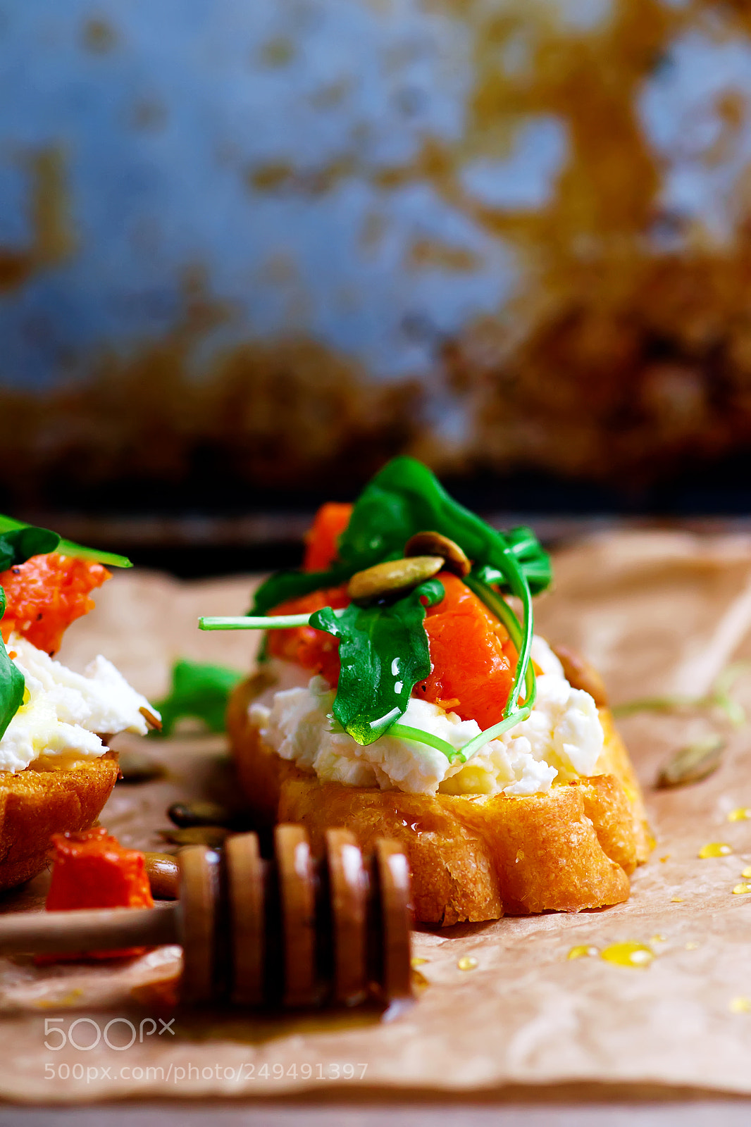 Nikon D3100 sample photo. Pumpkin .ricotta, arugula bruschetta.selective photography