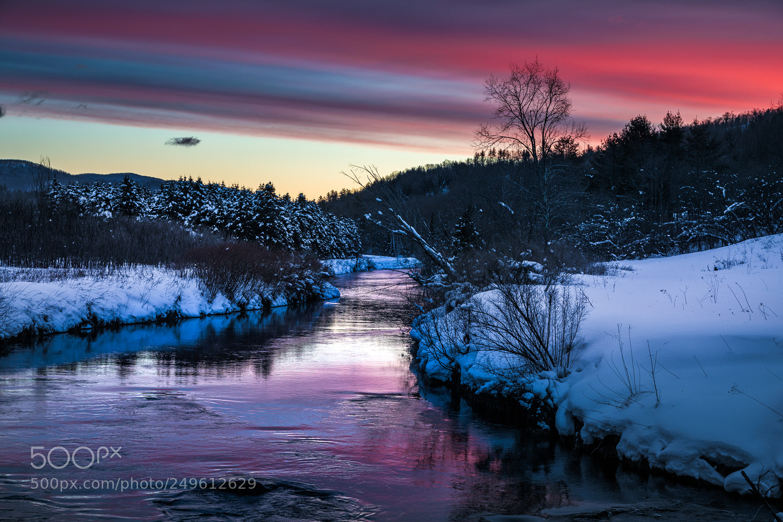 Canon EOS 5D Mark IV sample photo. Red sunrise over stream photography