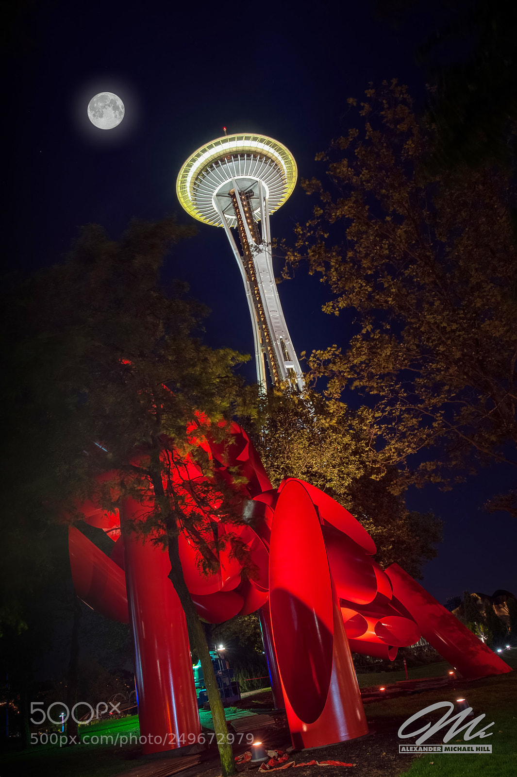 Nikon D3 sample photo. Space needle moon photography