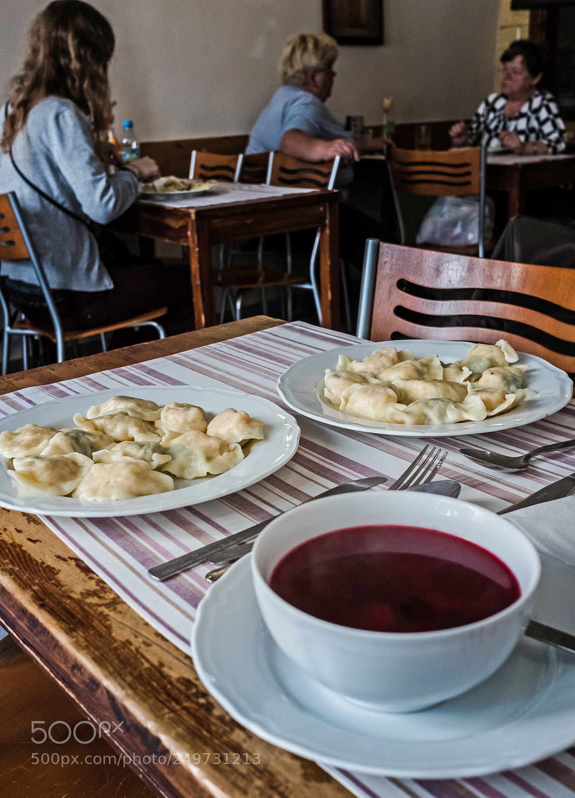 Fujifilm X70 sample photo. Beetroot soup polish pierogi photography