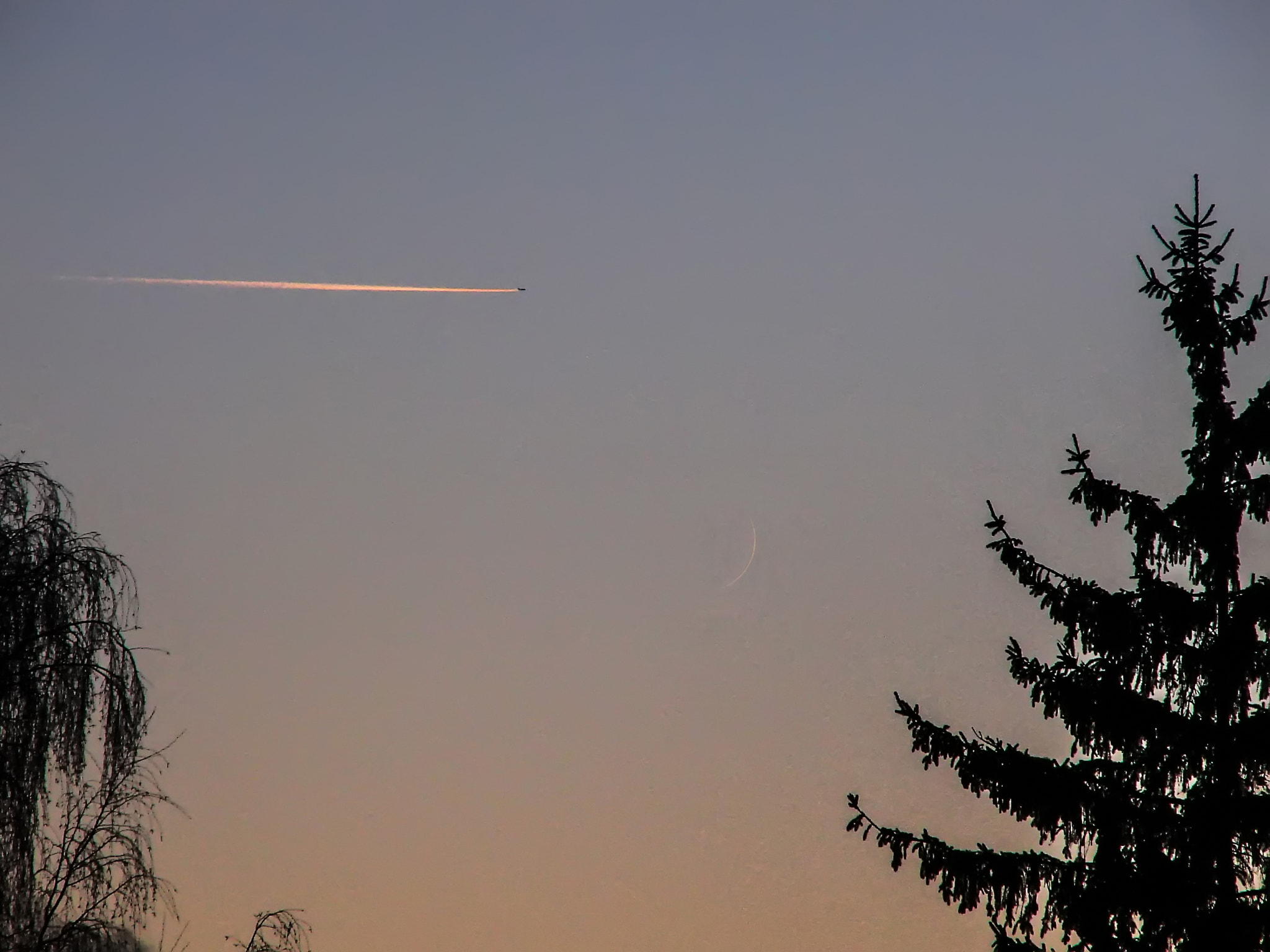 Sony DSC-H5 sample photo. Aircraft and one-day moon (age of the moon 27 hours) photography