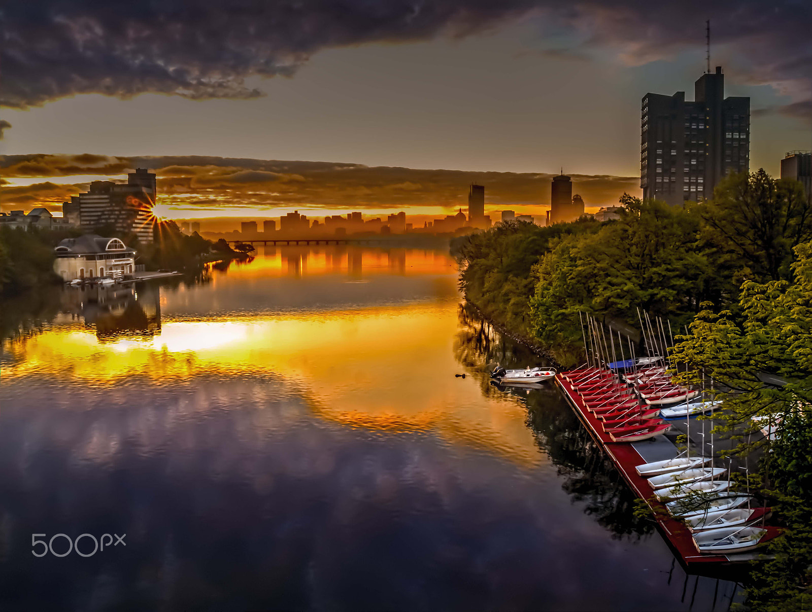 Olympus PEN E-PL1 sample photo. Charles river at sunrise with clouds and boats photography