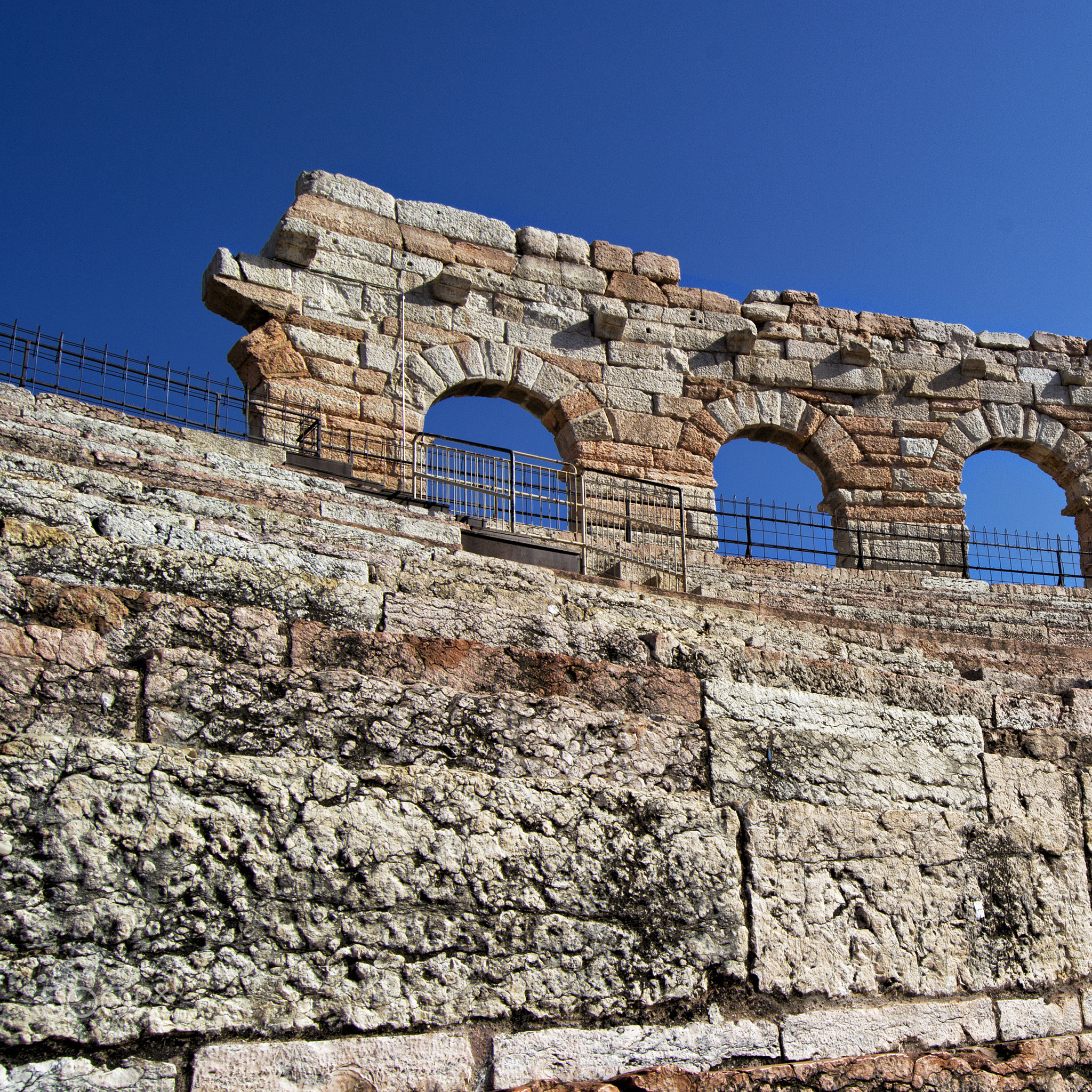 detail of the side wall of the Arena of Verona, Italy. ancient roman riuns