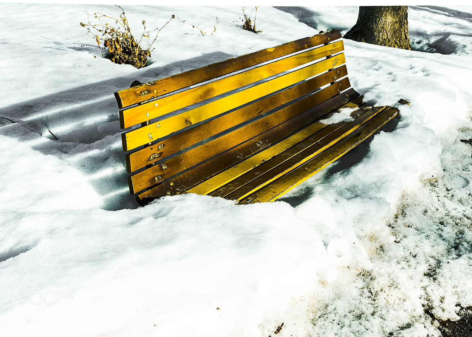Nikon D7100 sample photo. Ensnowed bench photography