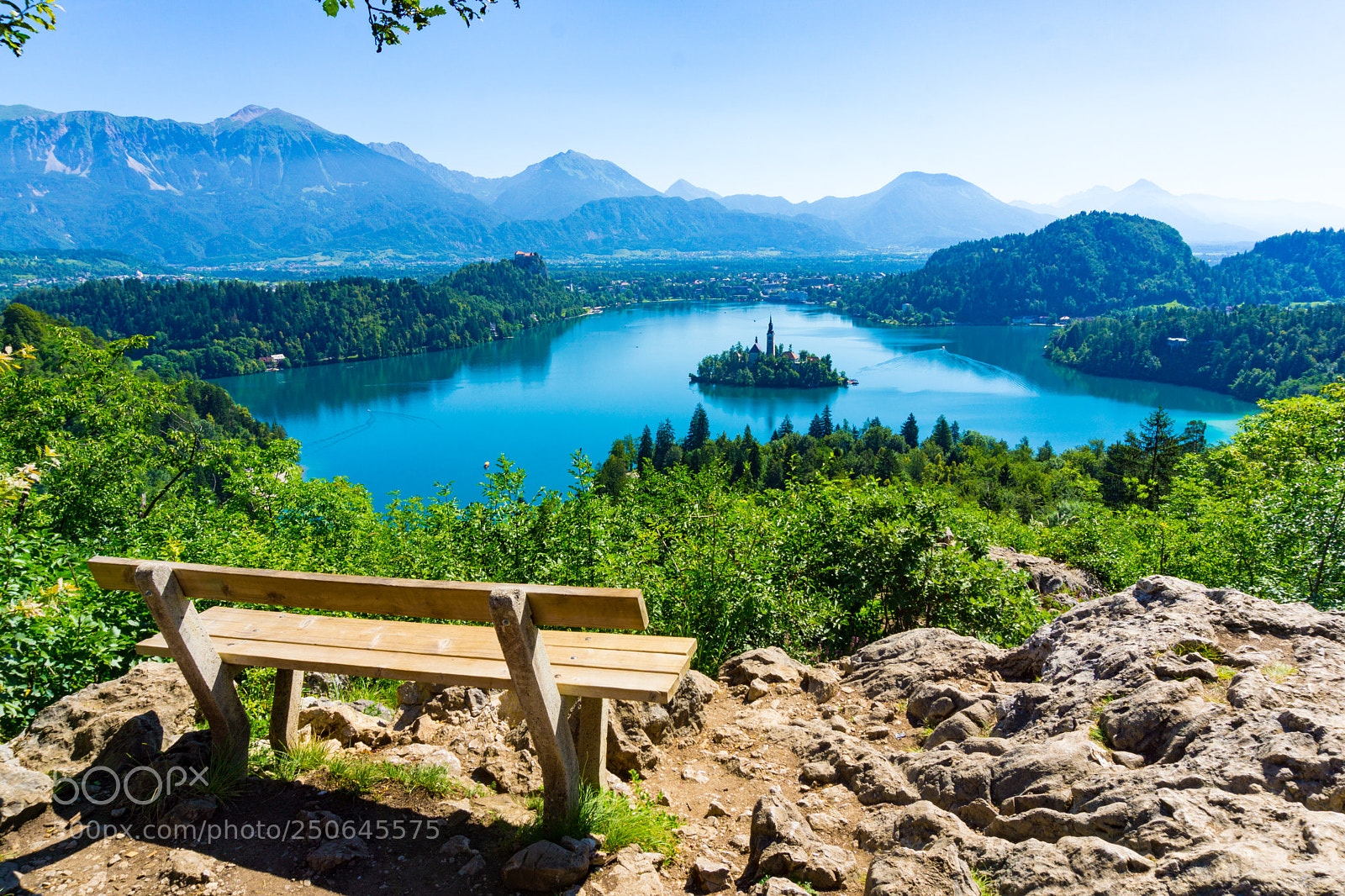 Sony a5100 sample photo. Bench overlooking lake bled photography