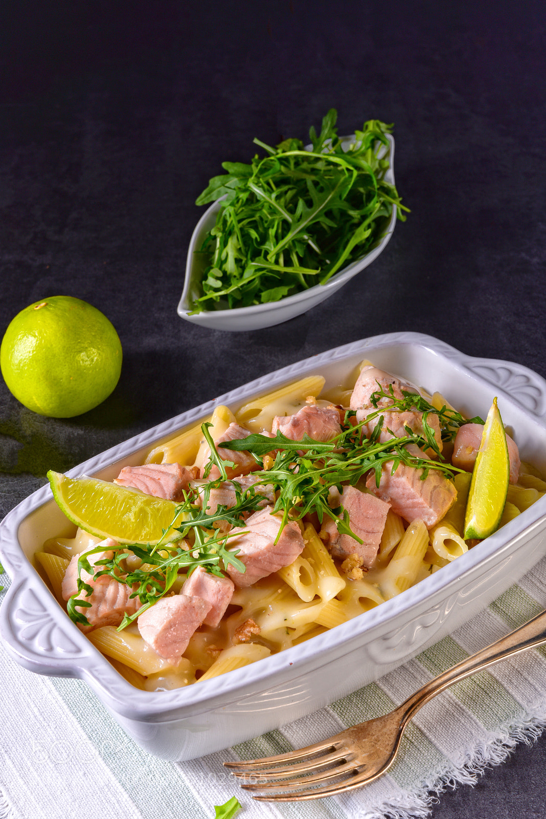 Nikon D810 sample photo. Salmon with penne noodle photography