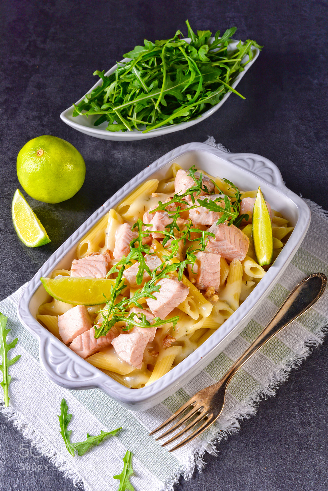 Nikon D810 sample photo. Salmon with penne noodle photography
