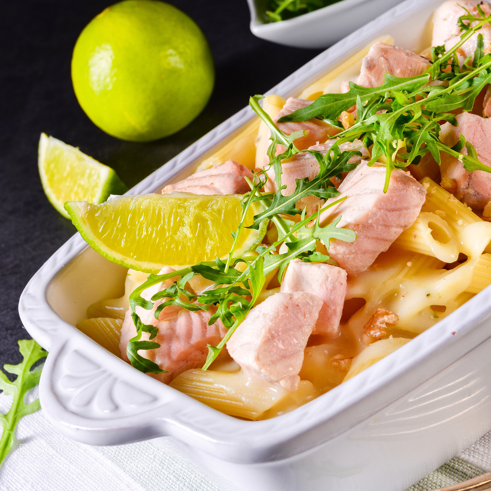 Nikon D810 sample photo. Salmon with penne noodle photography