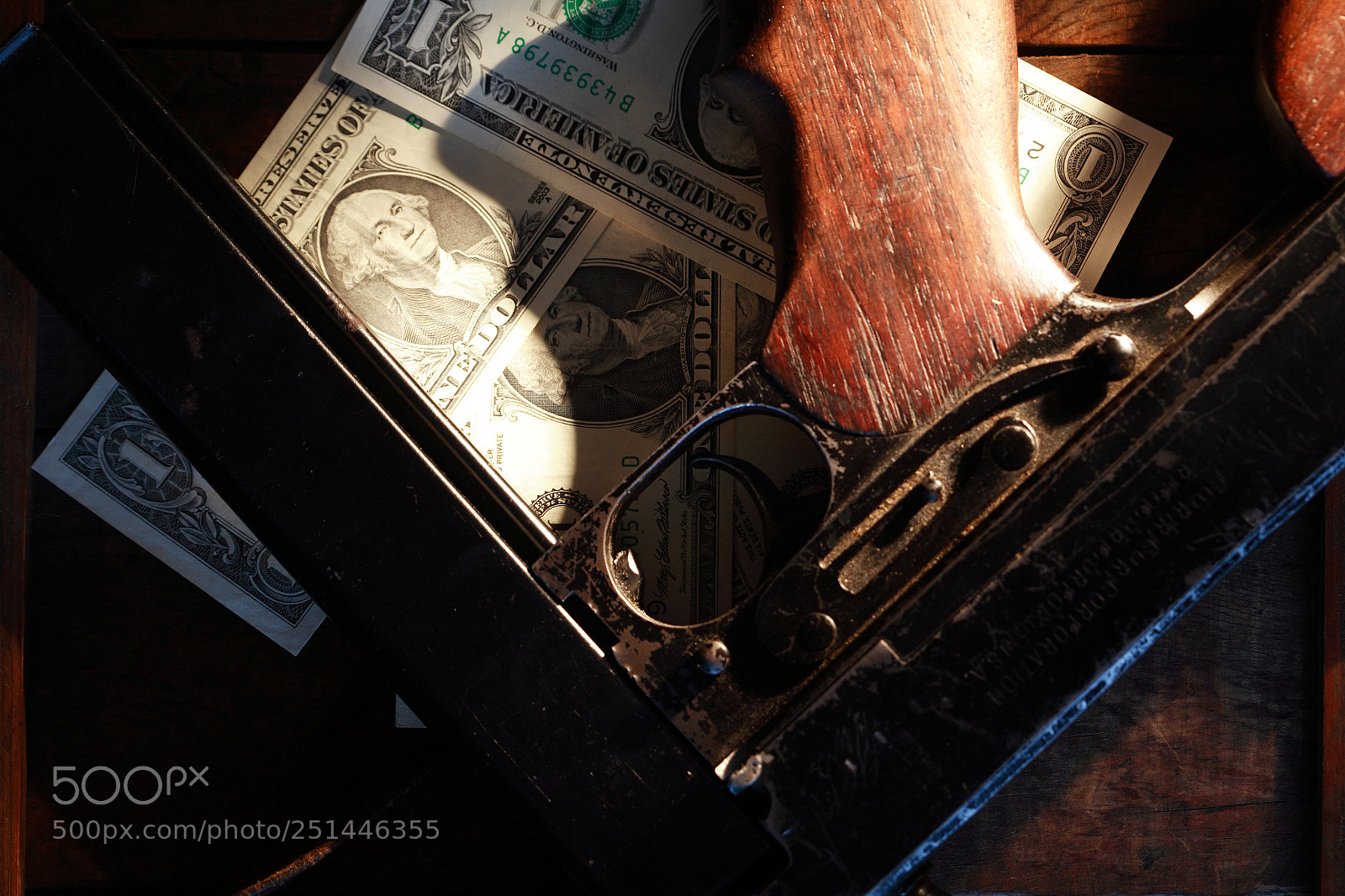 Canon EOS 5D sample photo. Submachine gun and money photography