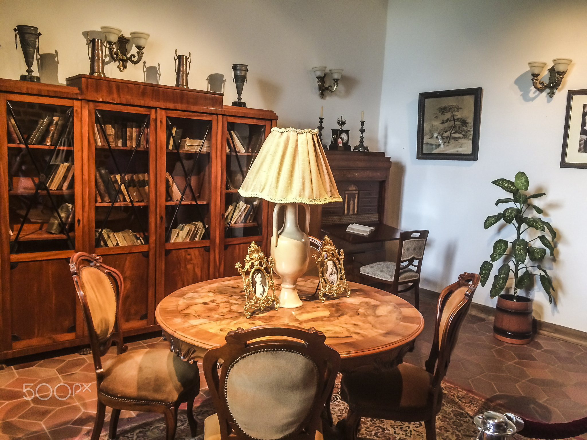 Interior, table, lamp, bookcase