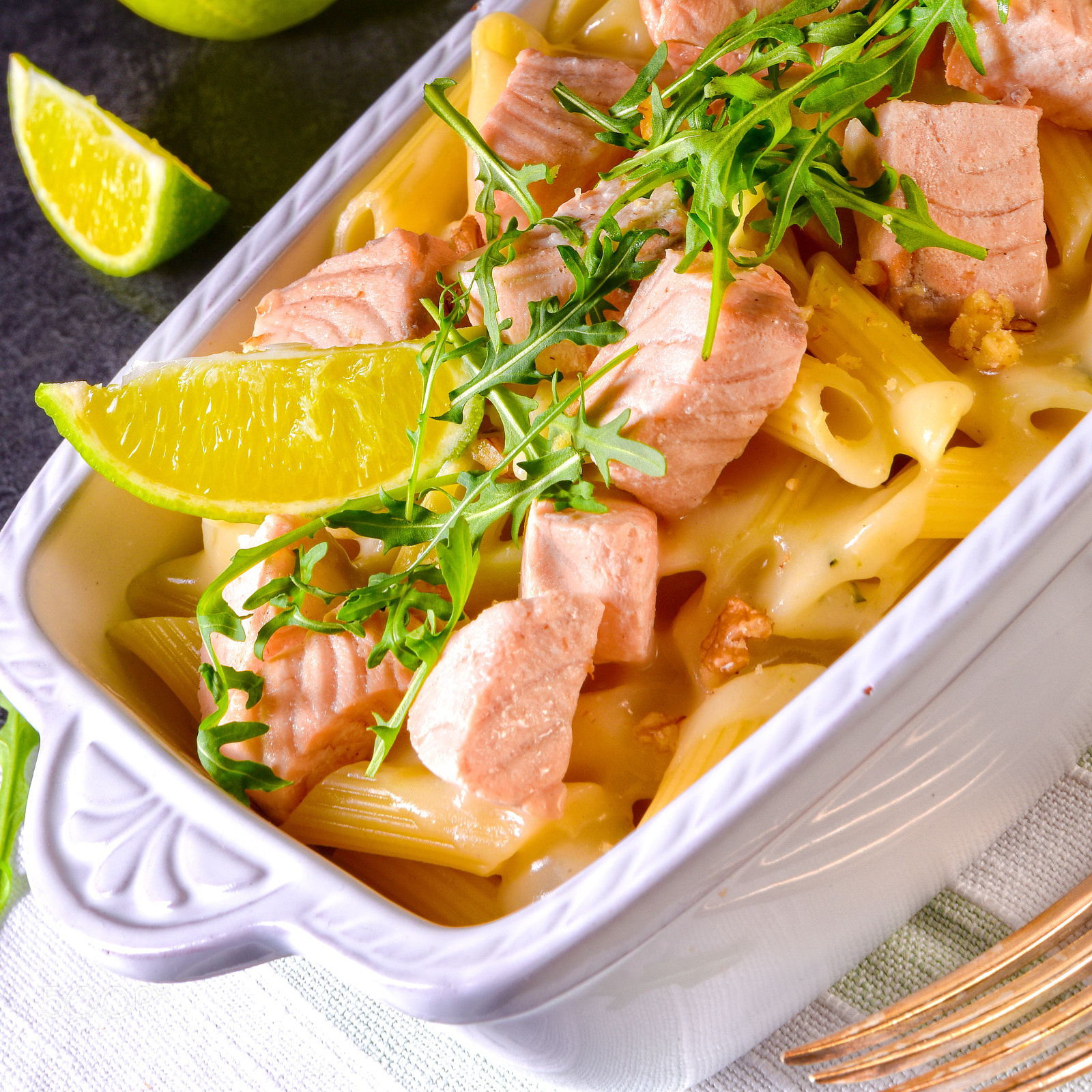 Nikon D810 sample photo. Salmon with penne noodle photography