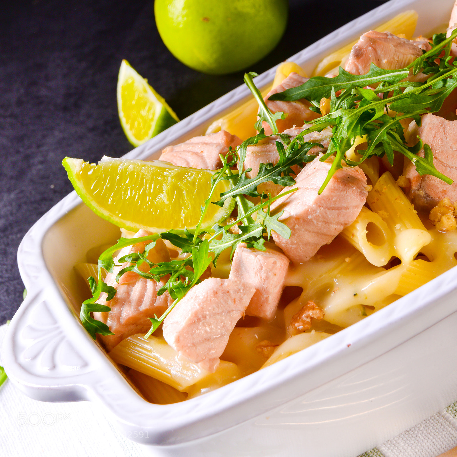 Nikon D810 sample photo. Salmon with penne noodle photography