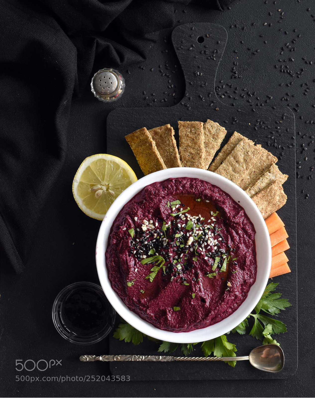 Nikon D5600 sample photo. Beetroot & black tahini hummus photography