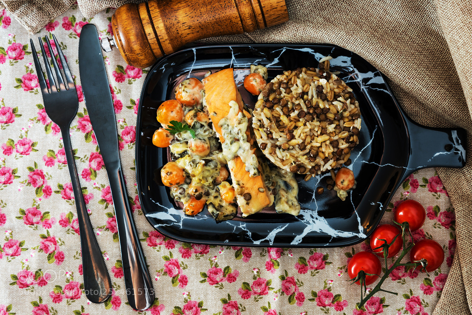 Nikon D800 sample photo. Baked salmon, vegetables and photography