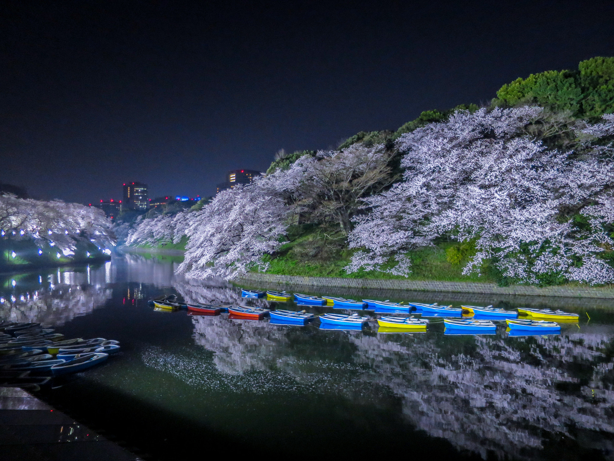 Canon PowerShot S120 sample photo. Reflections of cherry blossoms and boats at night photography