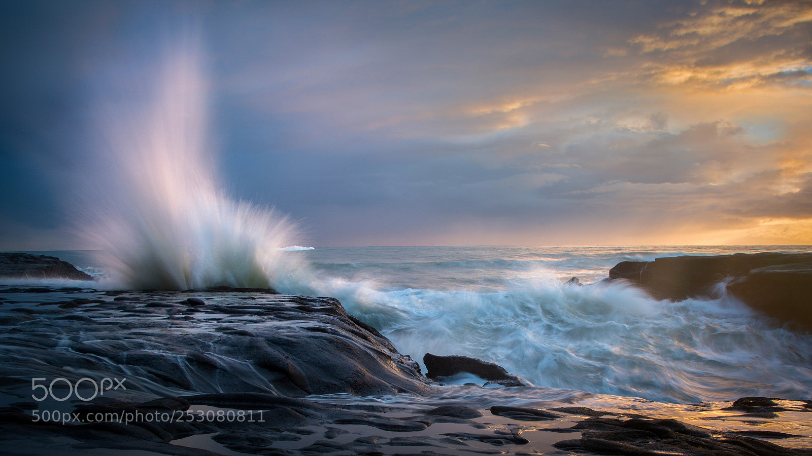 Nikon D800 sample photo. Splashing waves at sunset photography