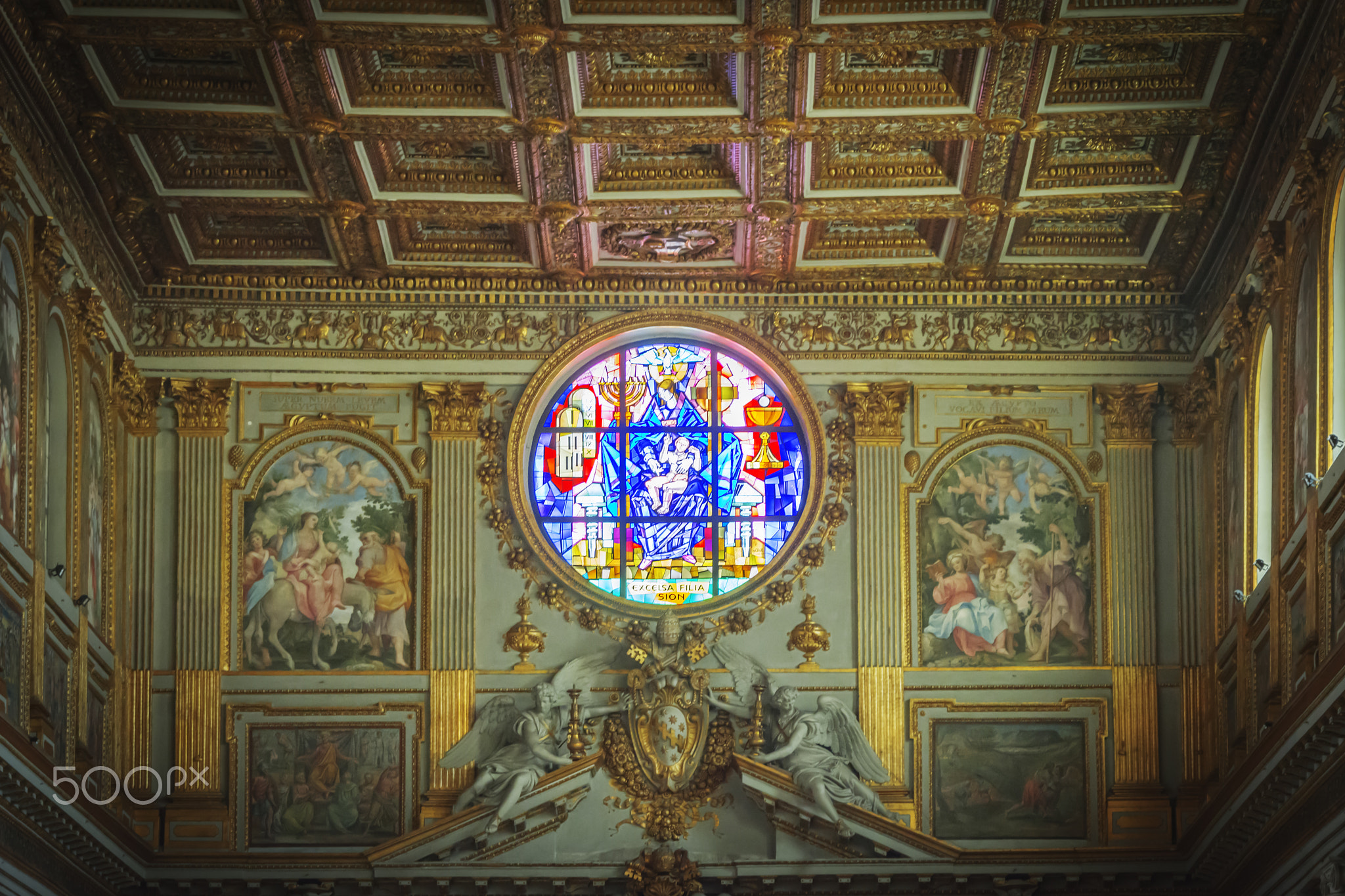 Decorated rose window of the Basilica of Santa Maria Maggiore in Rome