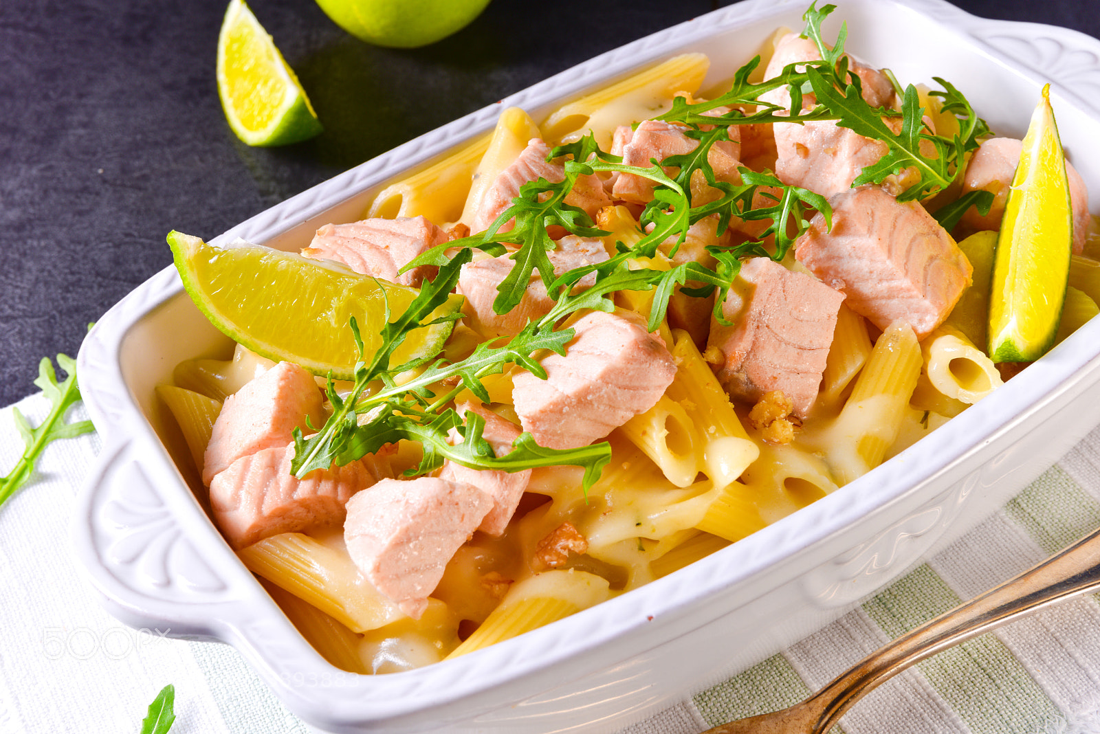 Nikon D810 sample photo. Salmon with penne noodle photography