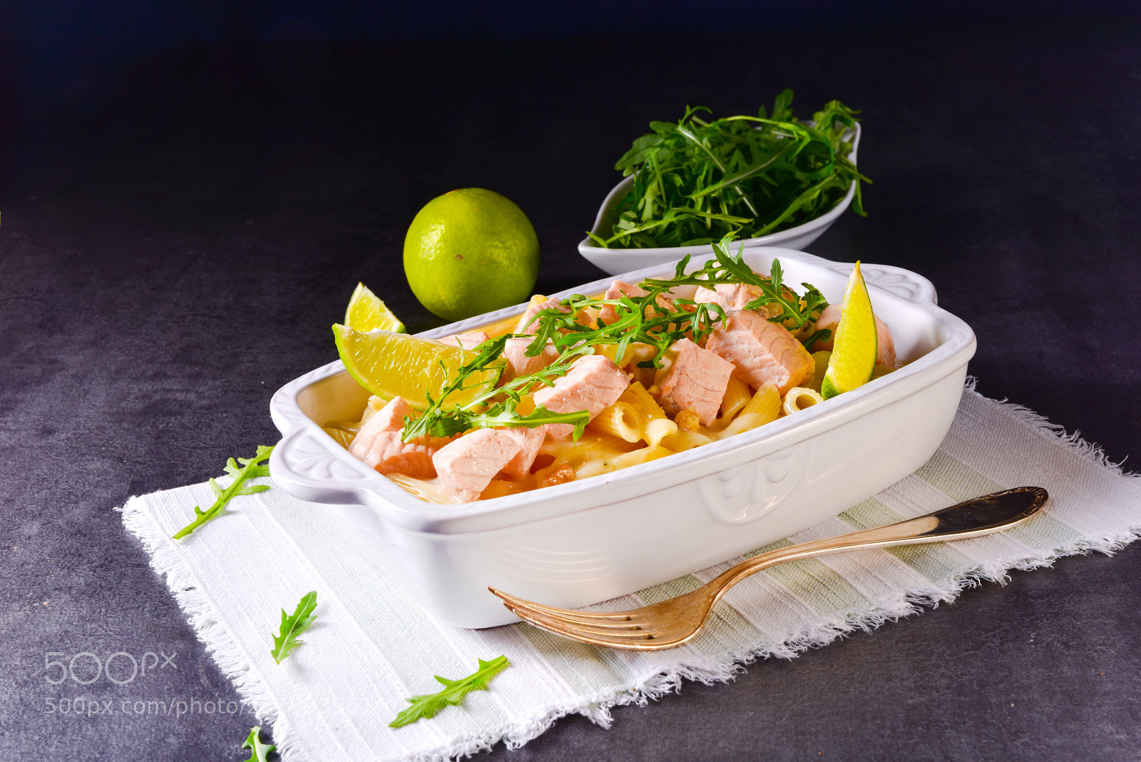 Nikon D810 sample photo. Salmon with penne noodle photography
