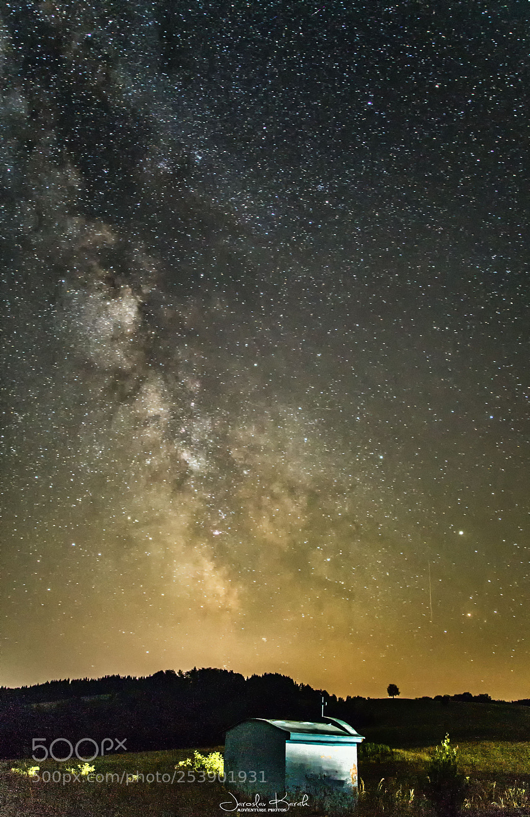 Pentax K-500 sample photo. Milky way over chaple photography