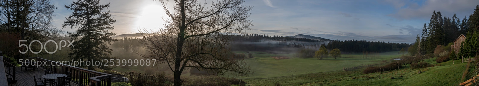 Sony a7R III sample photo. Foggy farm panorama photography