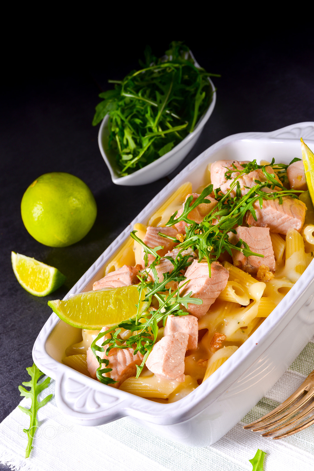 Nikon D810 sample photo. Salmon with penne noodle photography