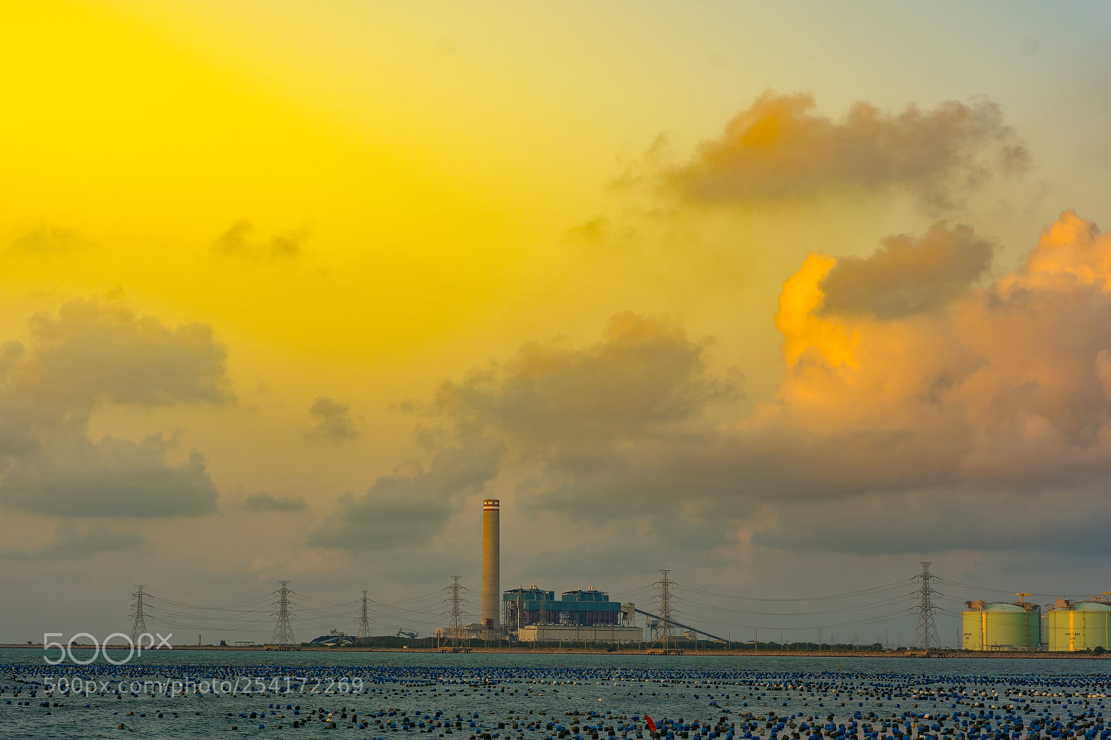 Sony a7R III sample photo. Power plant golden sky photography