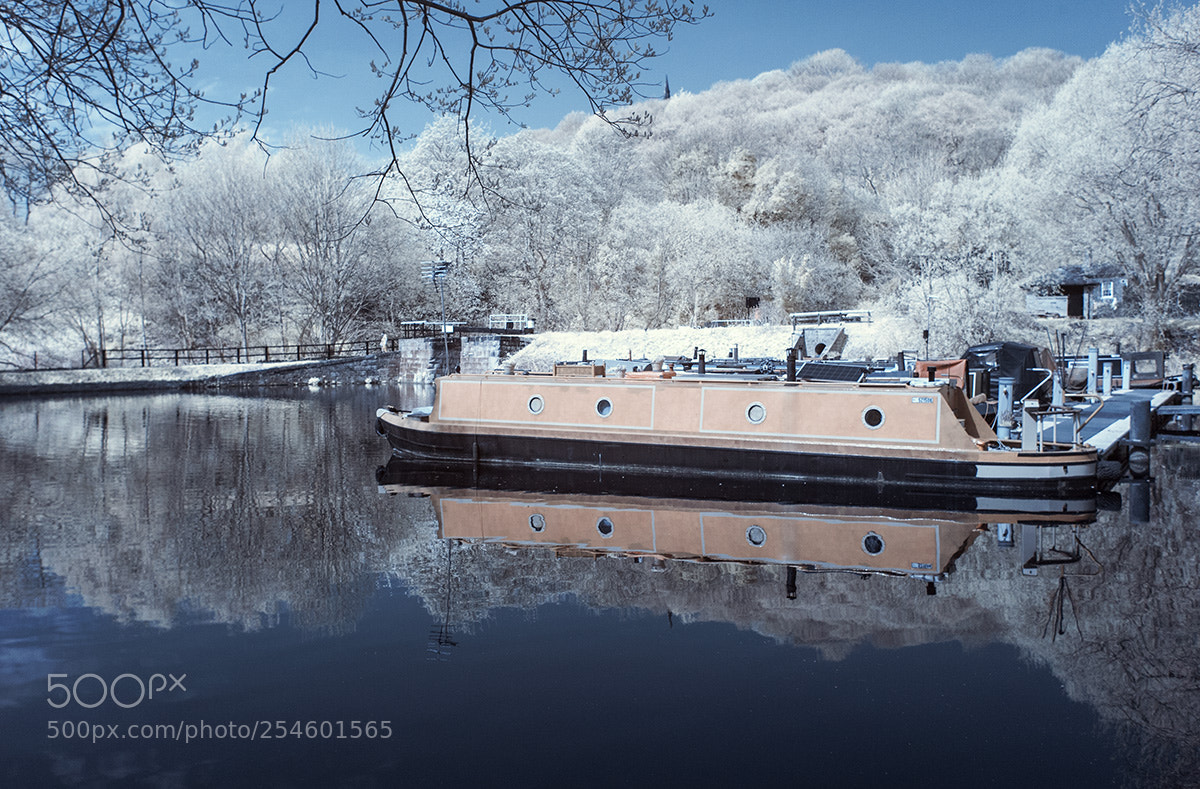 Canon EOS 5D sample photo. Canal boats in infrared photography
