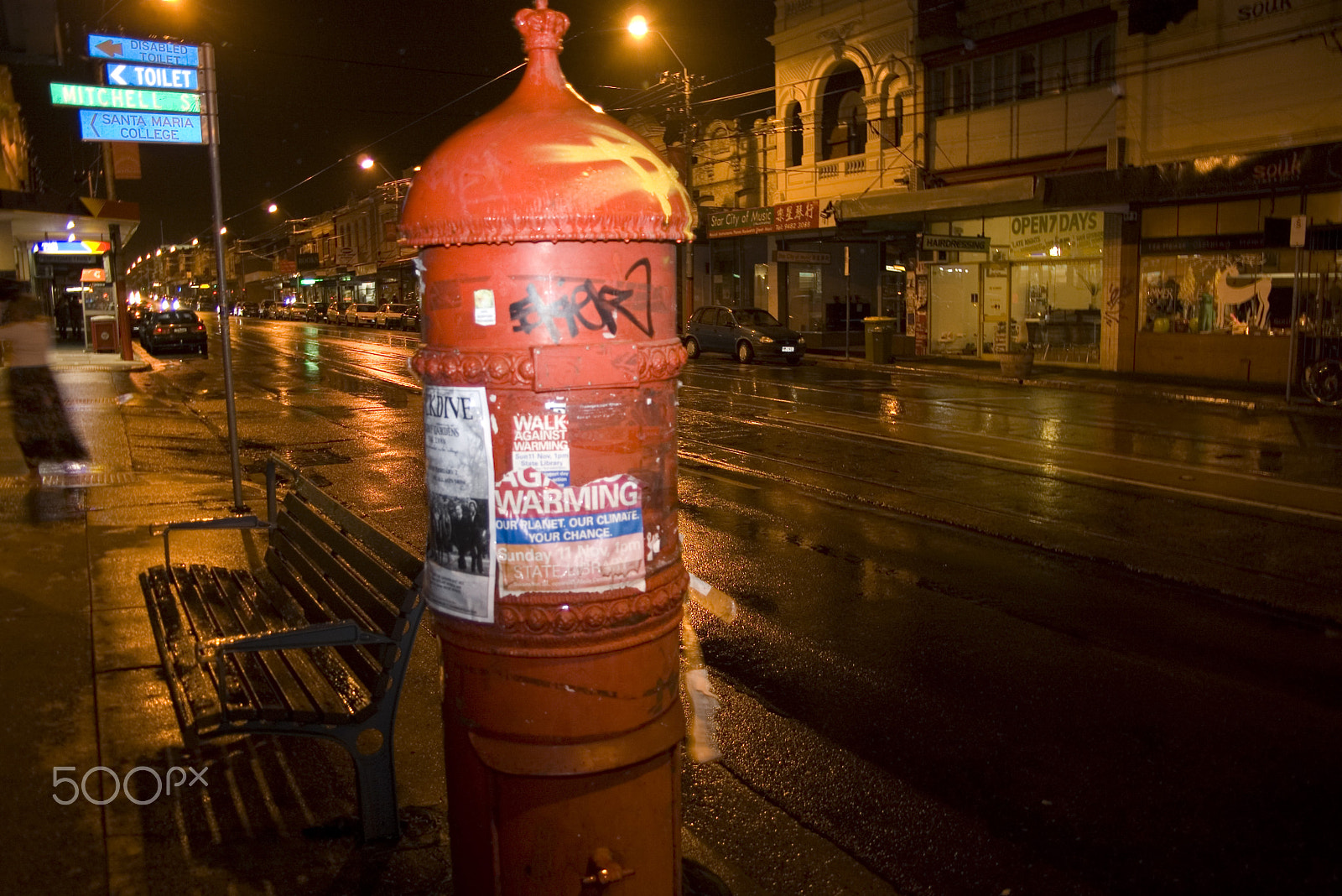 Pentax K100D sample photo. Old postbox night w/ sign photography