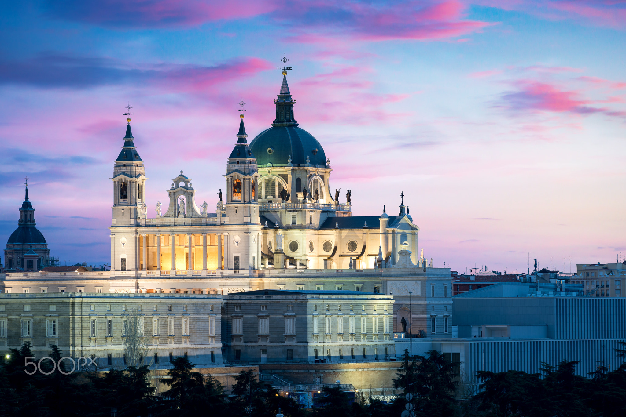Madrid landmark at night. Landscape of Santa Maria la Real de La