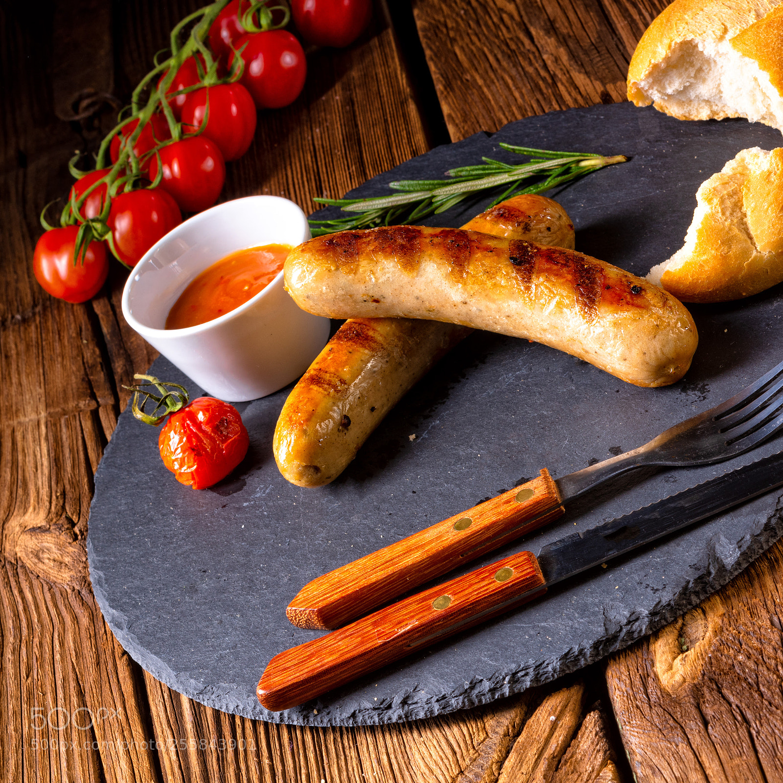 Nikon D810 sample photo. Rustic bratwurst with ketchup photography