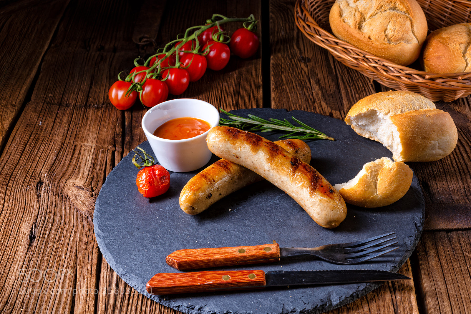Nikon D810 sample photo. Rustic bratwurst with ketchup photography