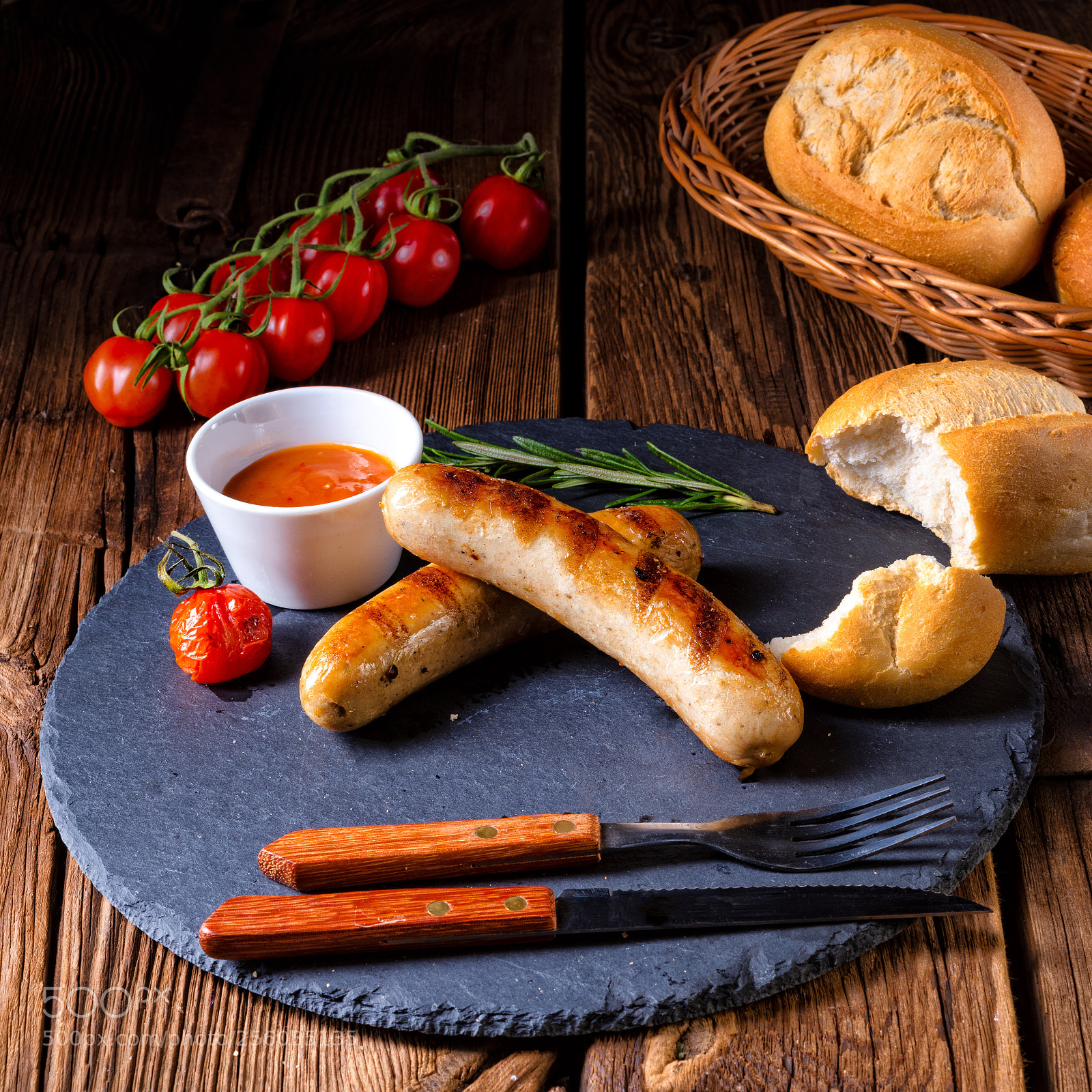 Nikon D810 sample photo. Rustic bratwurst with ketchup photography