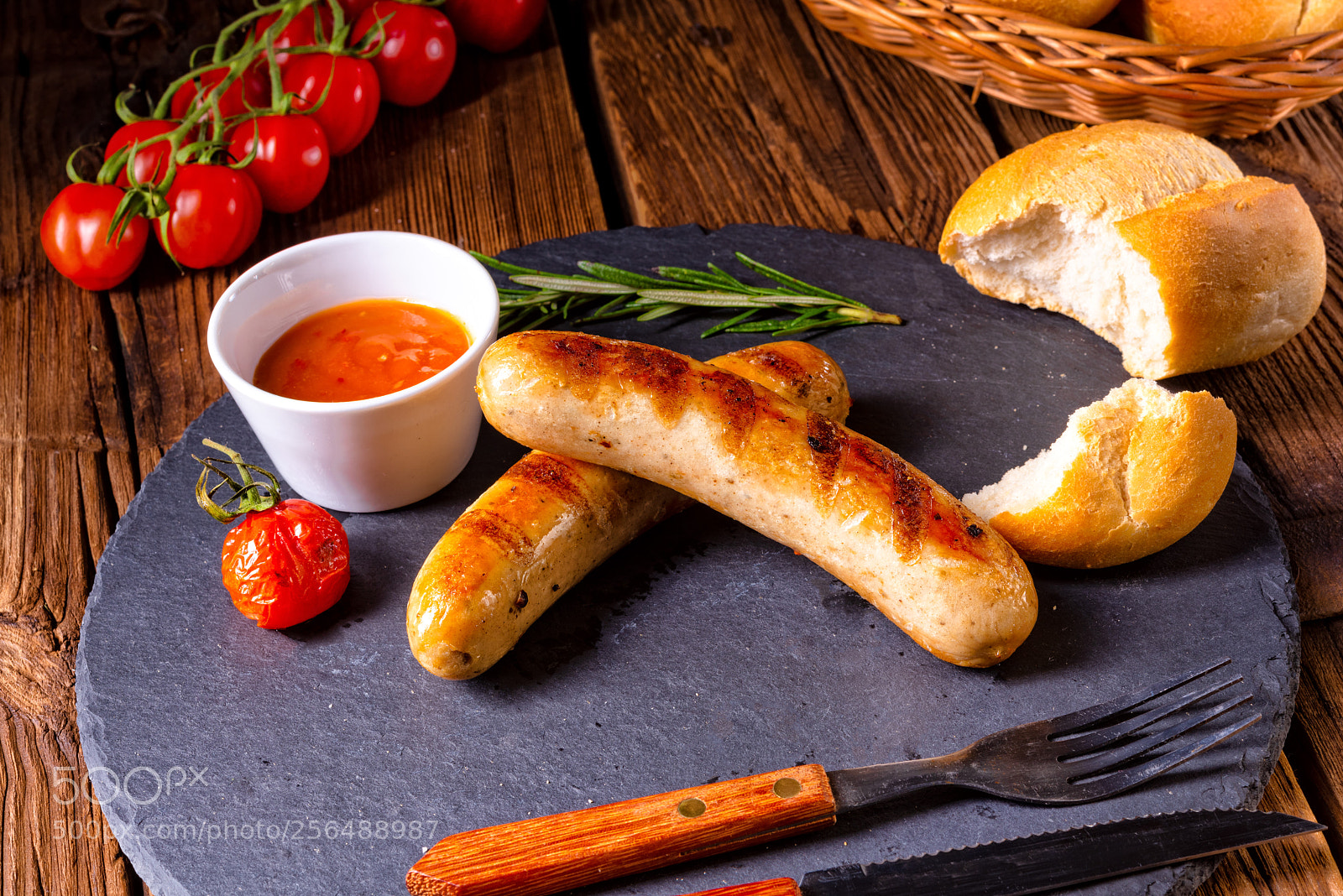 Nikon D810 sample photo. Rustic bratwurst with ketchup photography