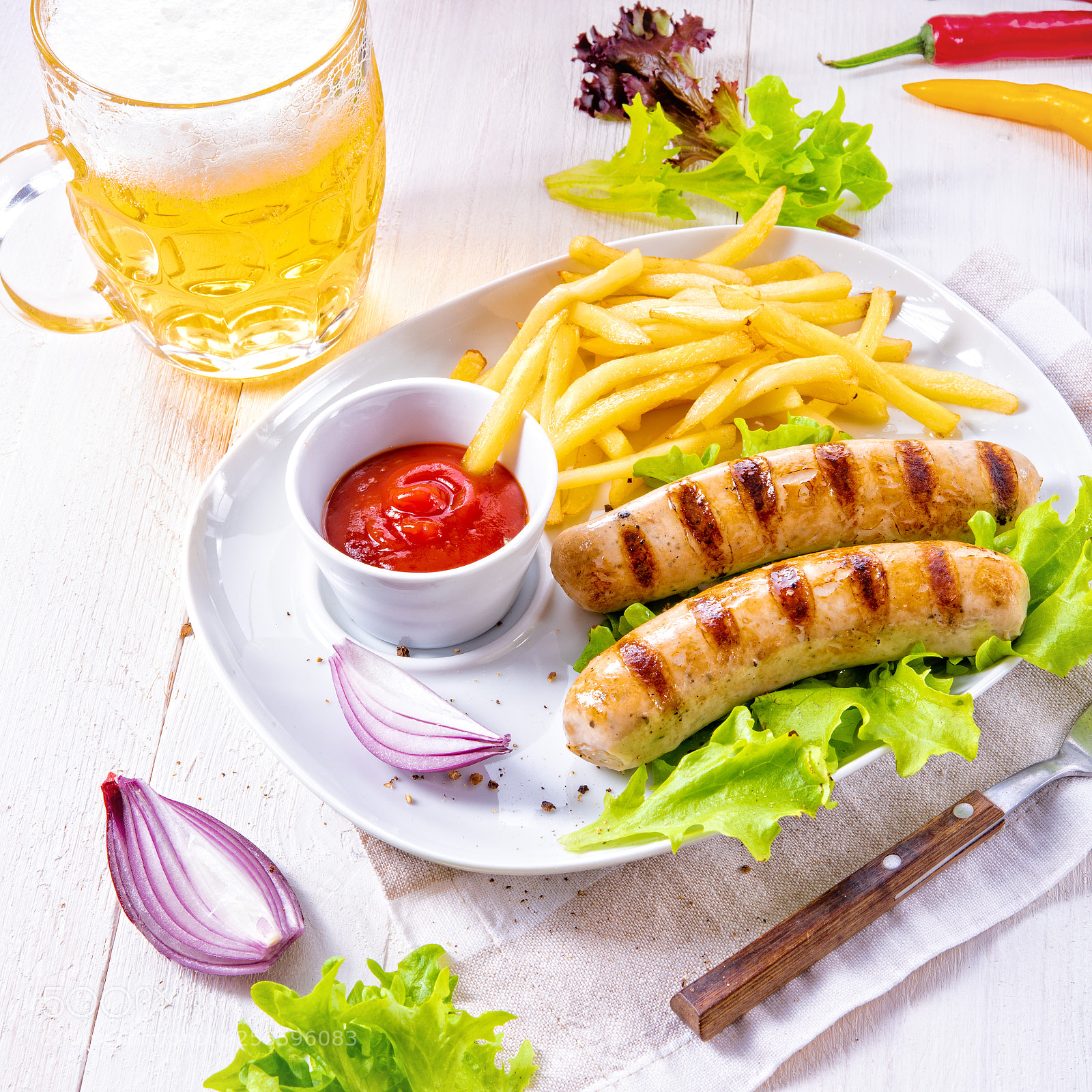 Nikon D810 sample photo. Grilled bratwurst with chips photography