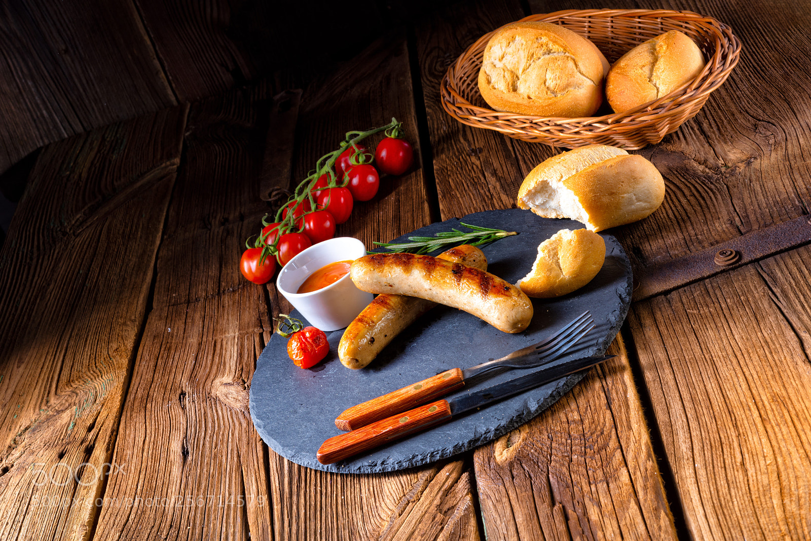 Nikon D810 sample photo. Rustic bratwurst with ketchup photography