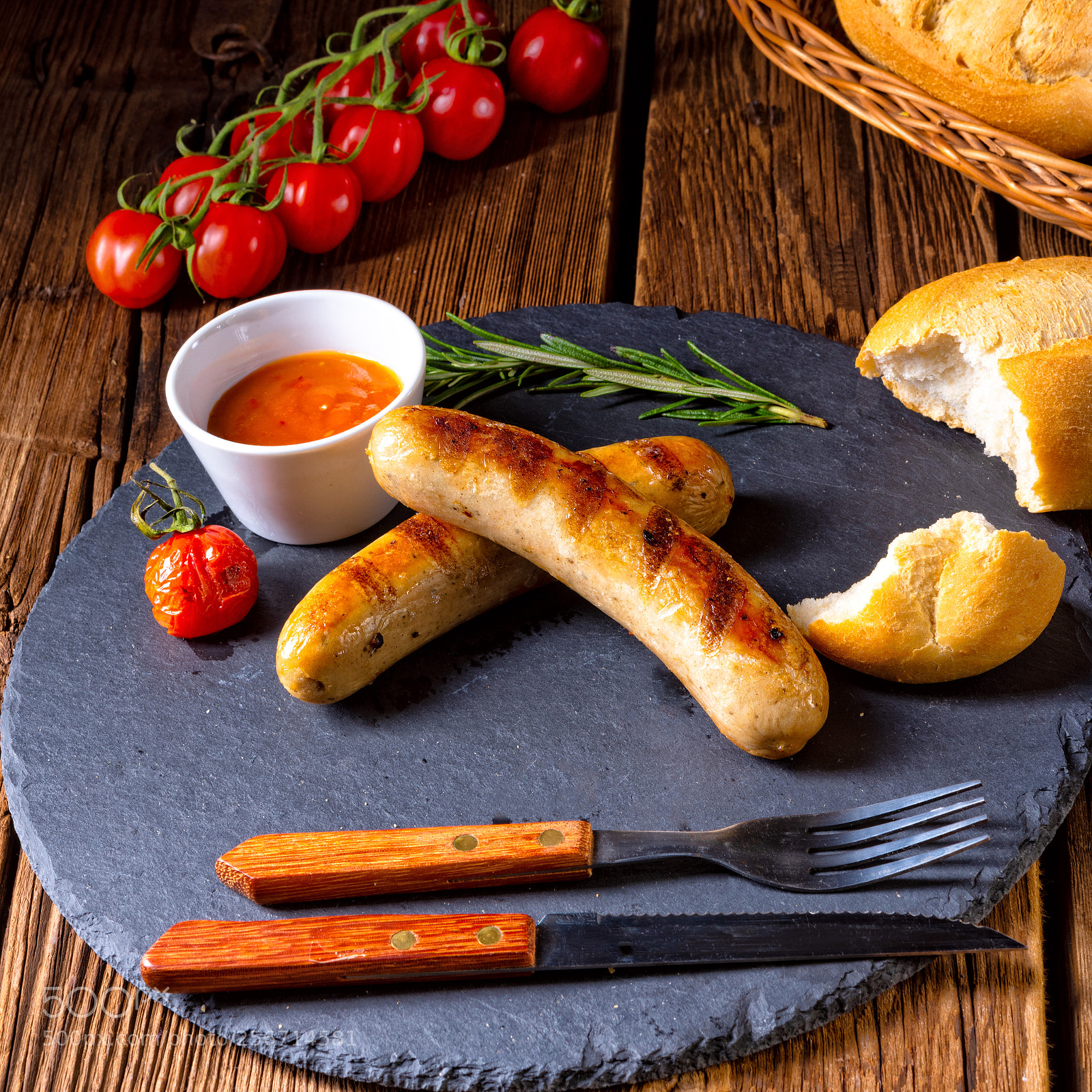Nikon D810 sample photo. Rustic bratwurst with ketchup photography