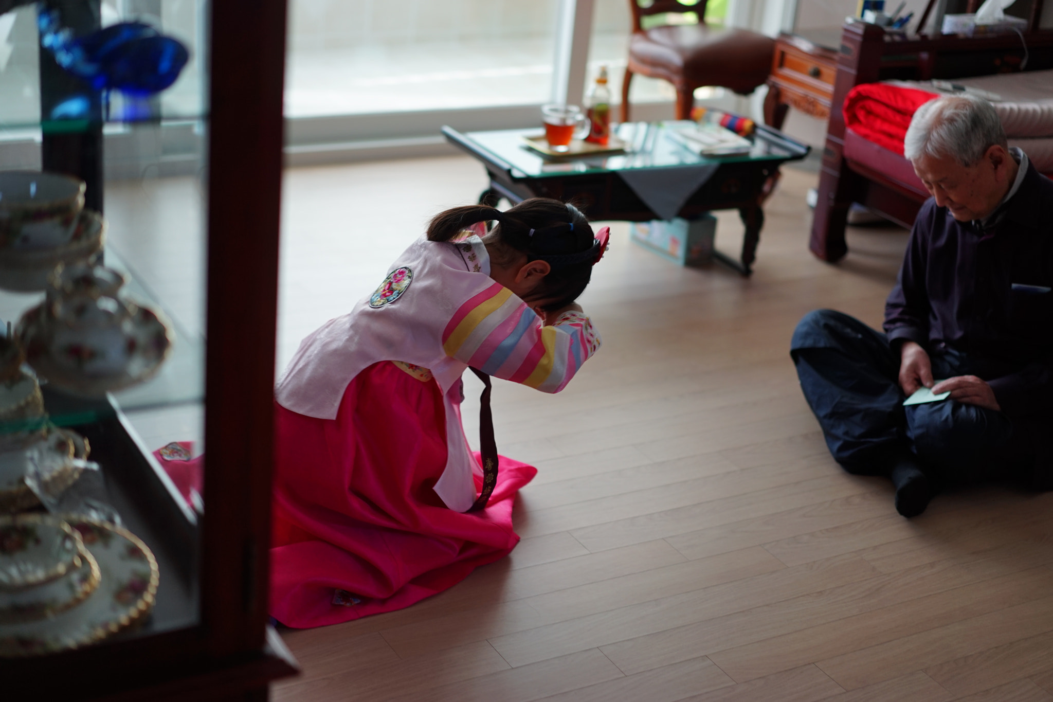Sony Sonnar T* FE 55mm F1.8 ZA sample photo. My daughter, j.y bowing to her grandfather. photography