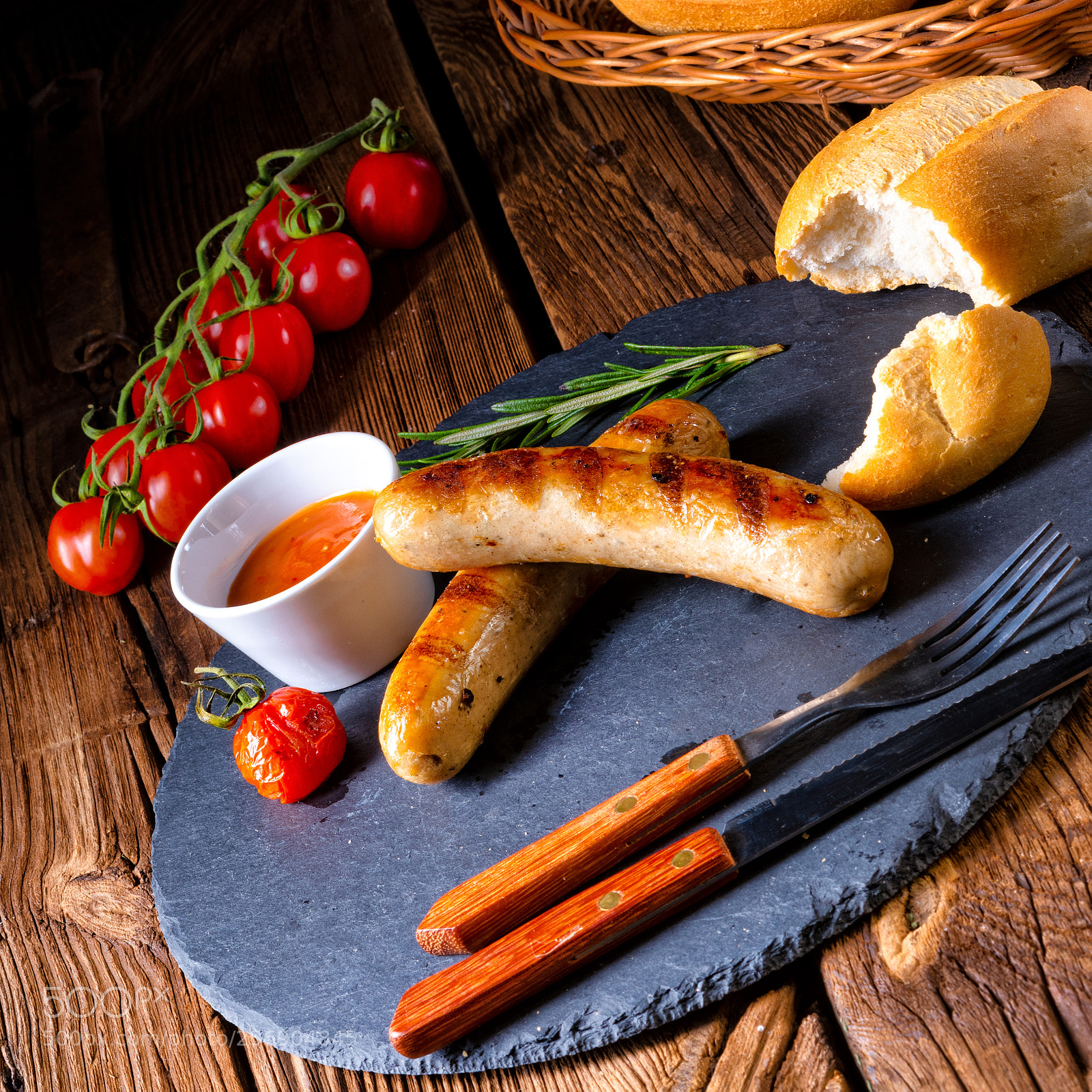 Nikon D810 sample photo. Rustic bratwurst with ketchup photography
