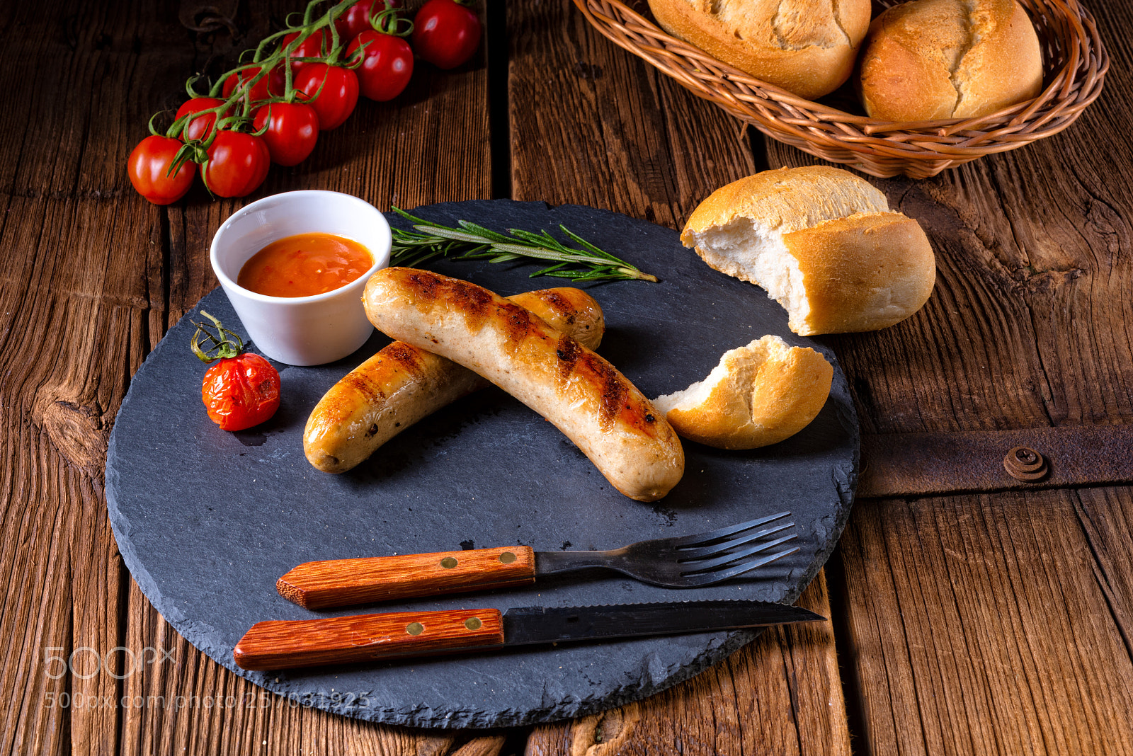 Nikon D810 sample photo. Rustic bratwurst with ketchup photography