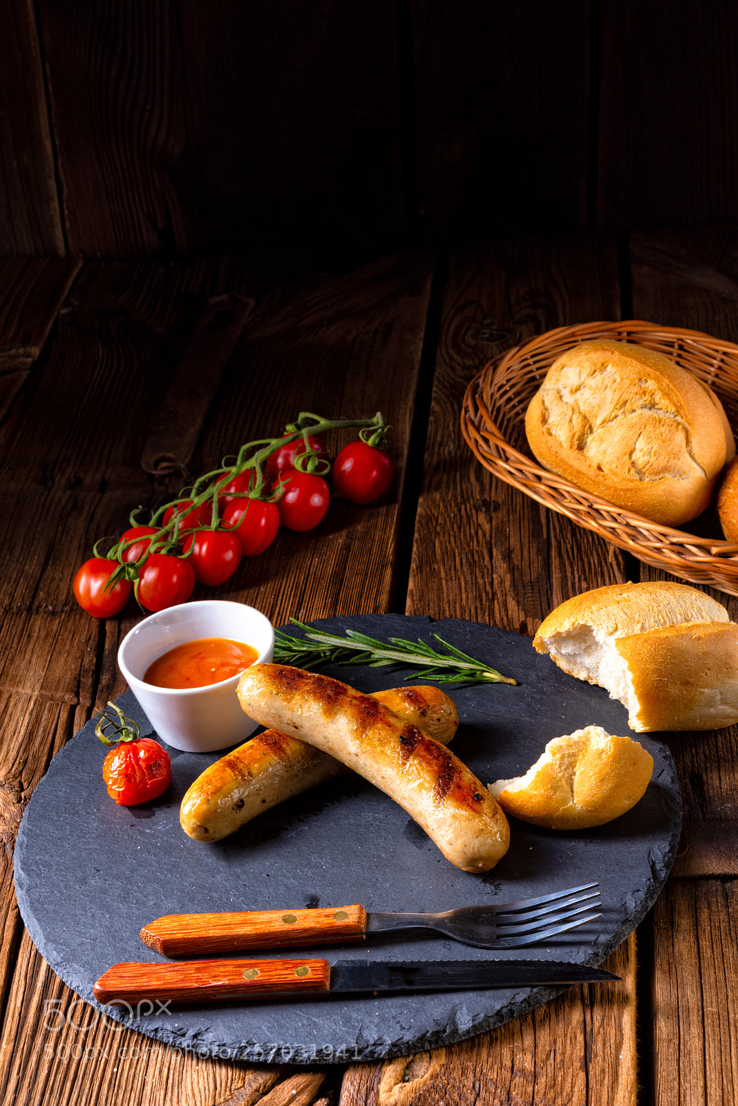 Nikon D810 sample photo. Rustic bratwurst with ketchup photography