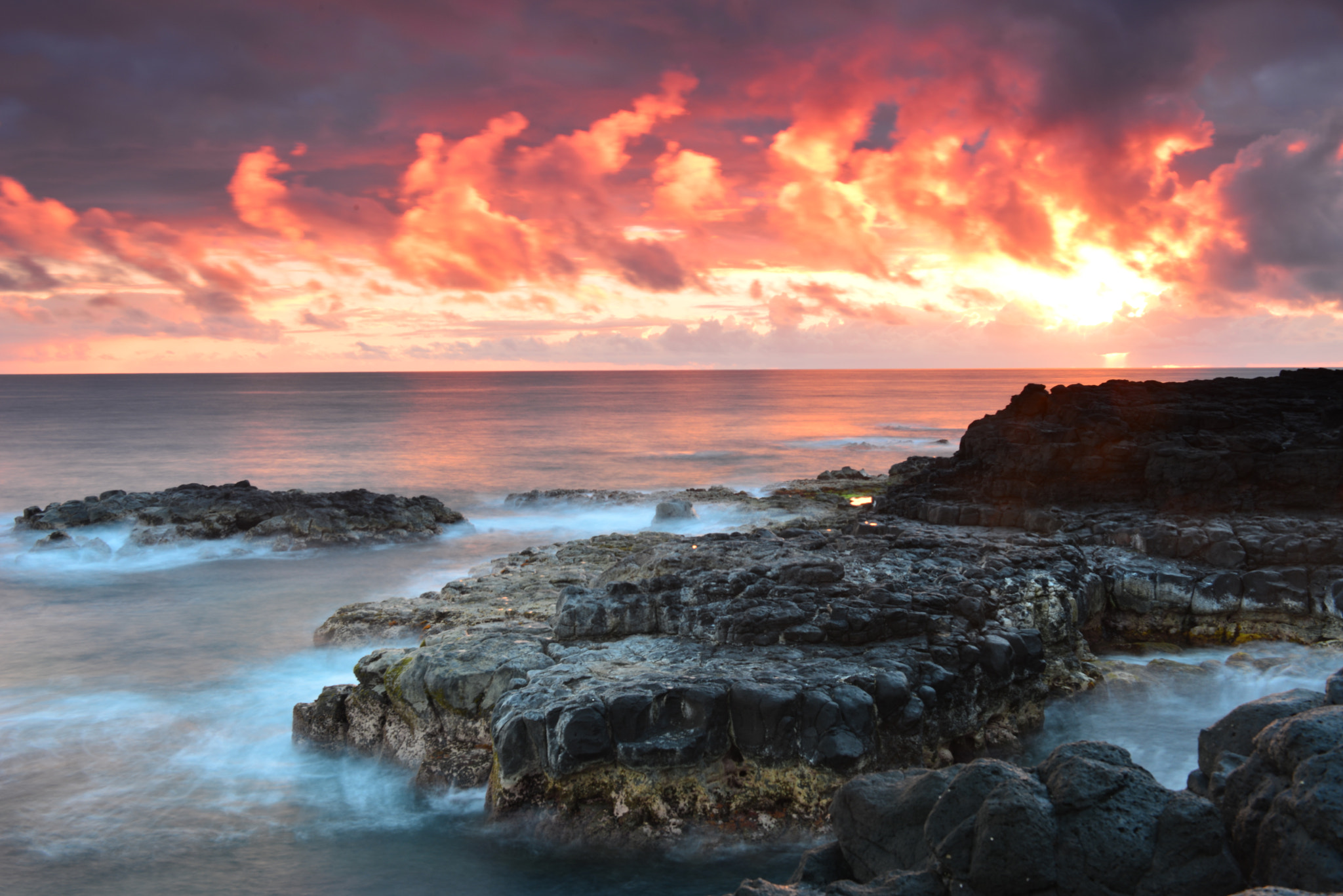 Nikon D800E + Nikon AF-S Nikkor 24-70mm F2.8G ED sample photo. Fiery sunrise over kauai's northern coastline photography
