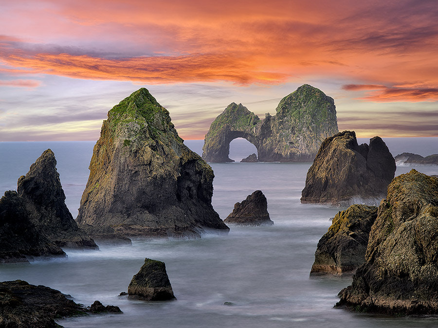 Pentax 645D sample photo. Mack arch rock at sunrise. oregon photography