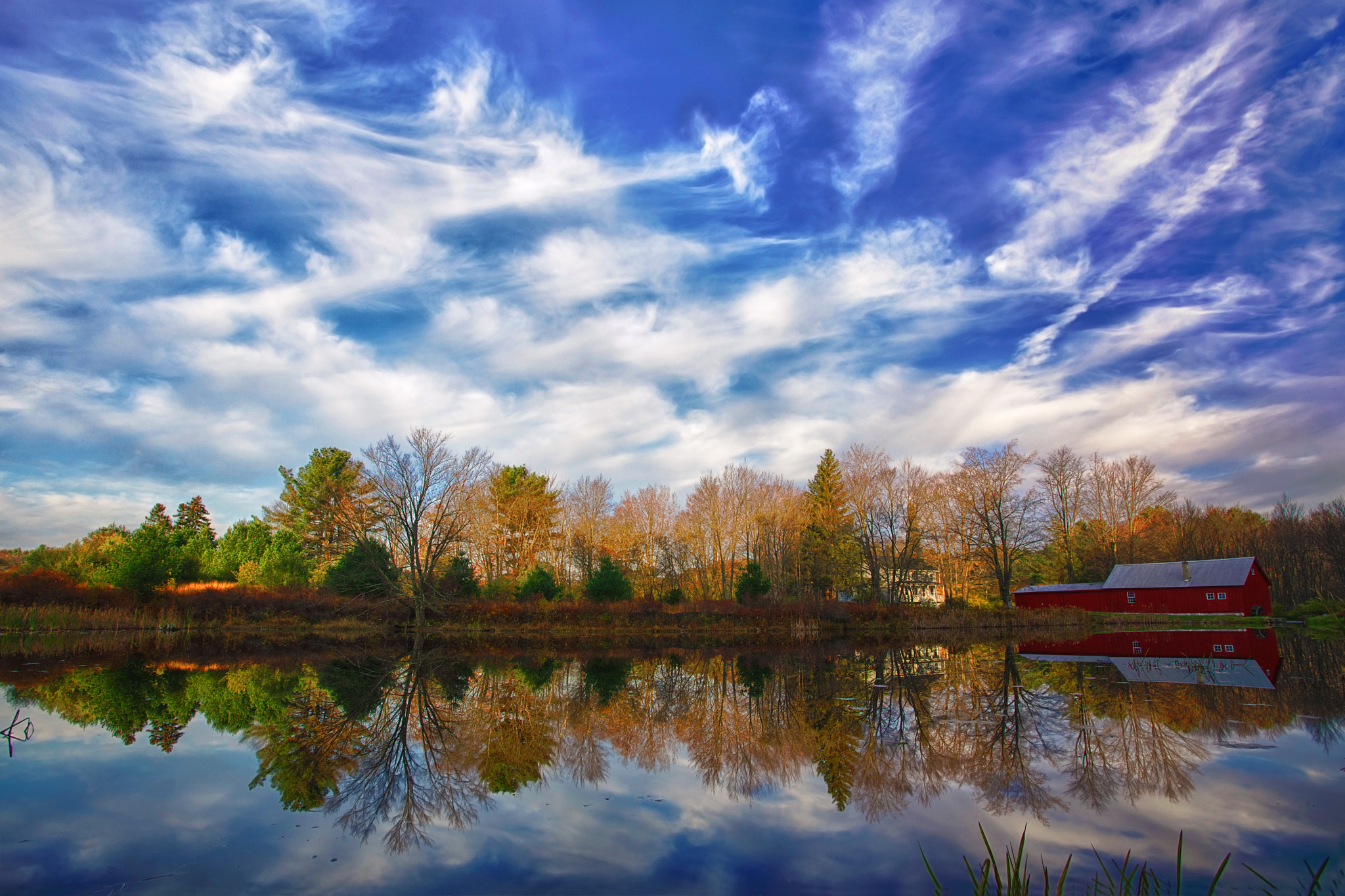 Pennsylvania, Farmland, Pond, Mill, Fall Colors, R