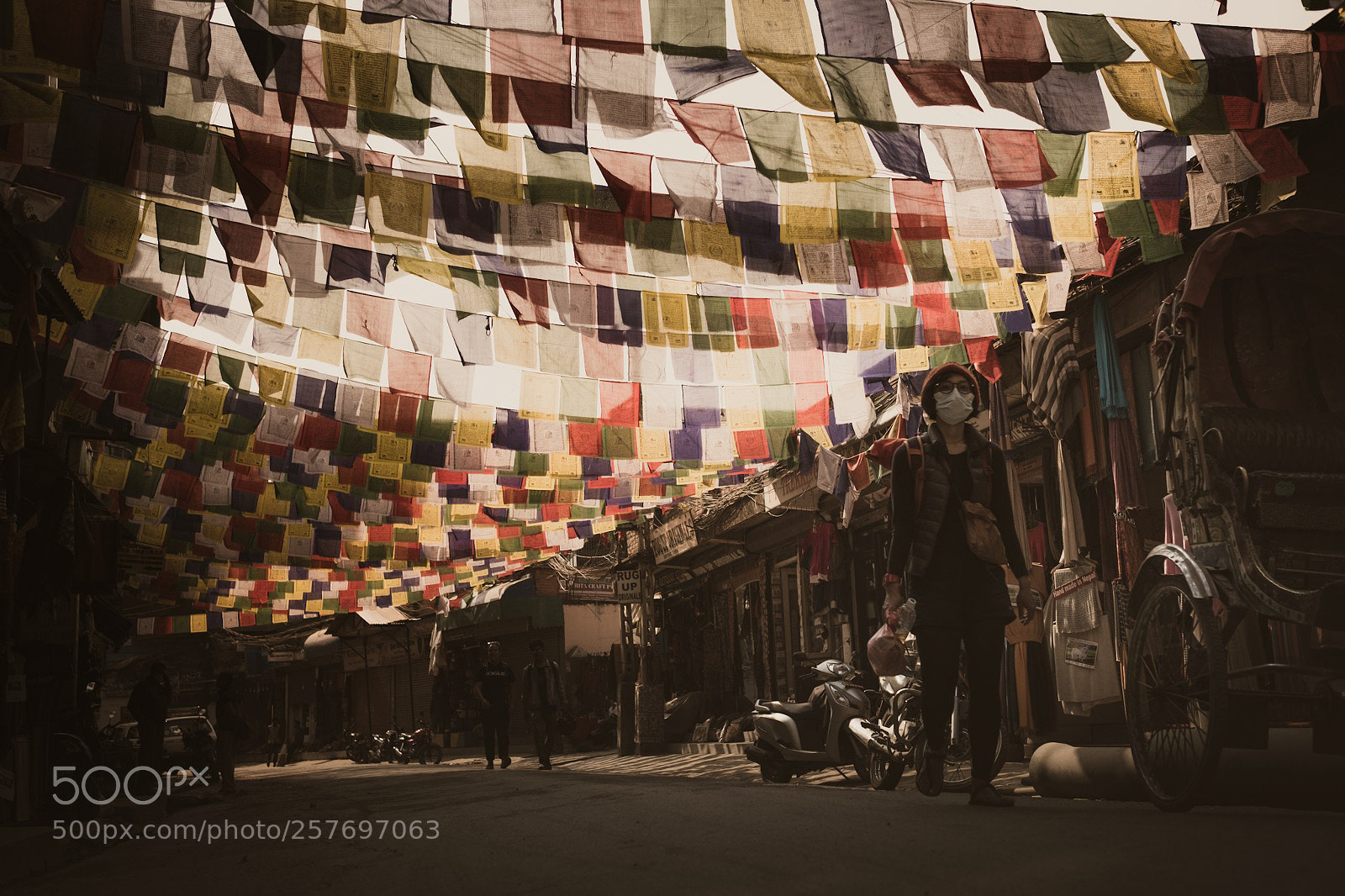 Fujifilm X-T2 sample photo. Thamel street flags photography