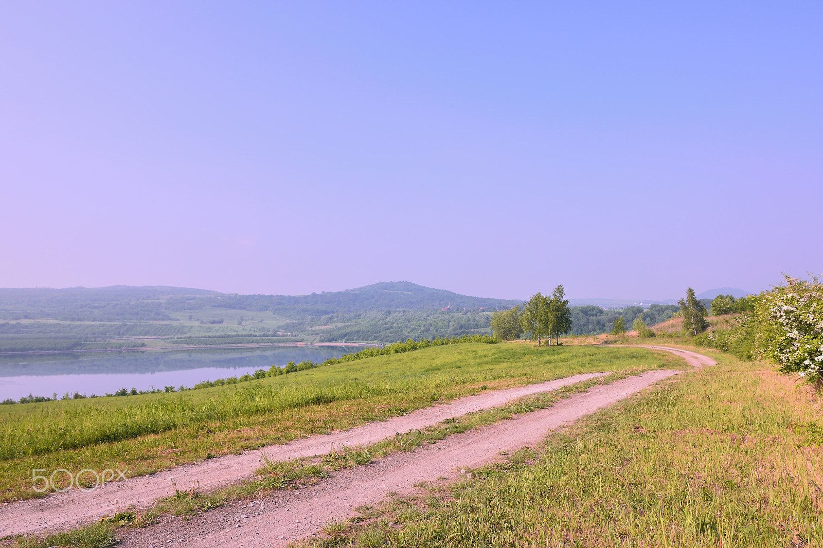 Nikon D5300 sample photo. Czech landscape with meadow path leading to new lake named milada and mountains in spring morning photography